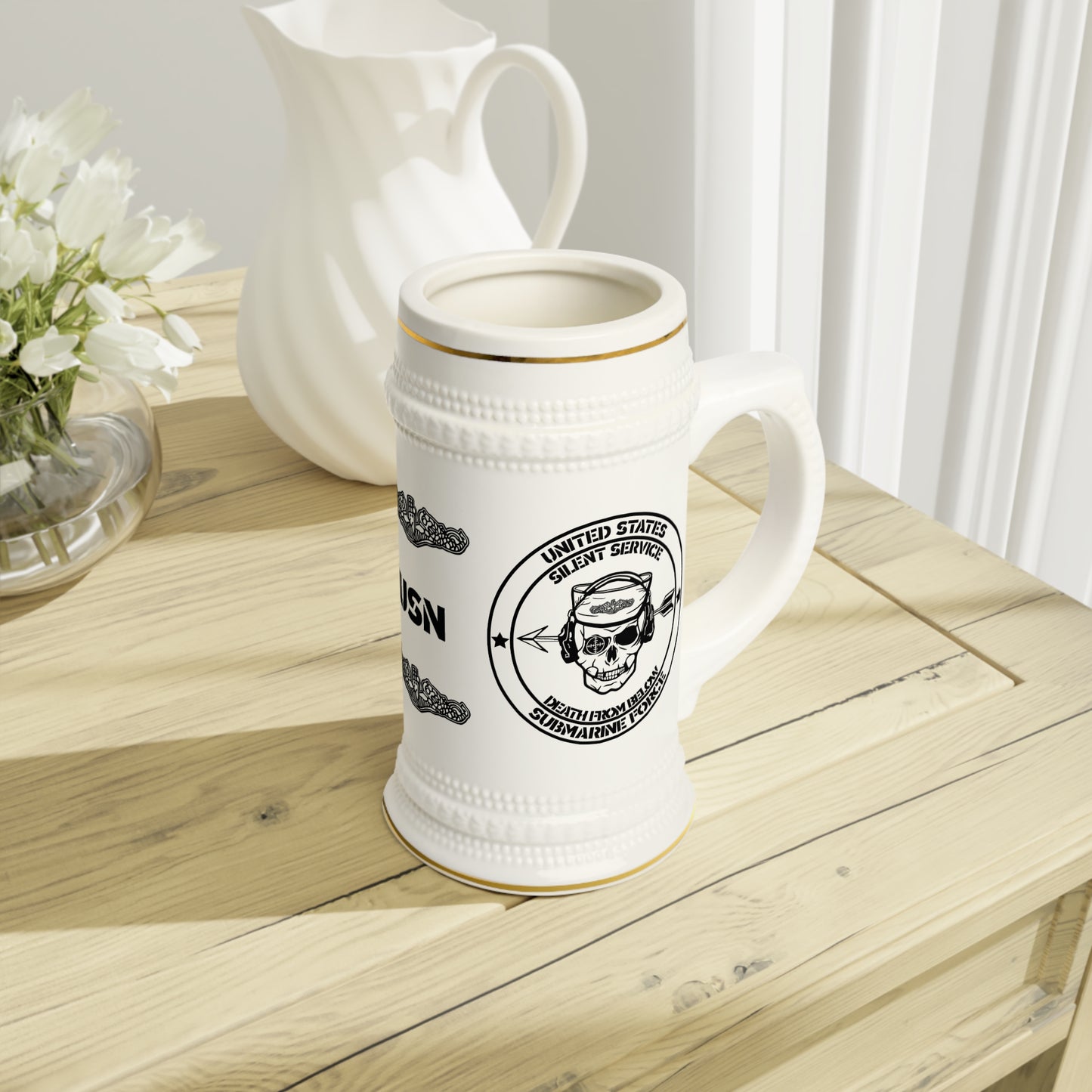 US Navy Submarine Force Silent Service Death From Below Sailor Skull with Dolphins Stein Mug