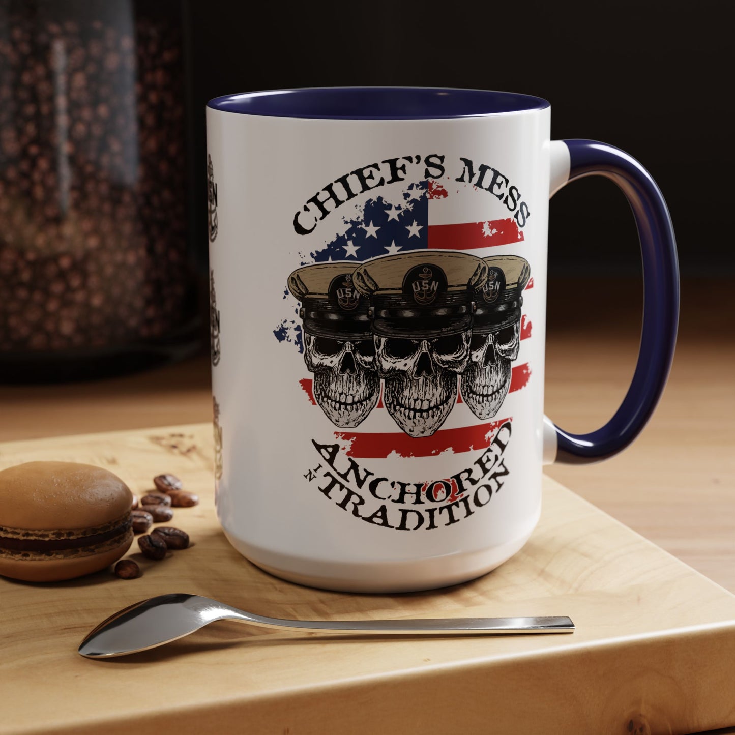 US Navy Chief's Mess Anchored Tradition CPO Sailor Skulls with Distressed USA Flag Accent Coffee Mugs