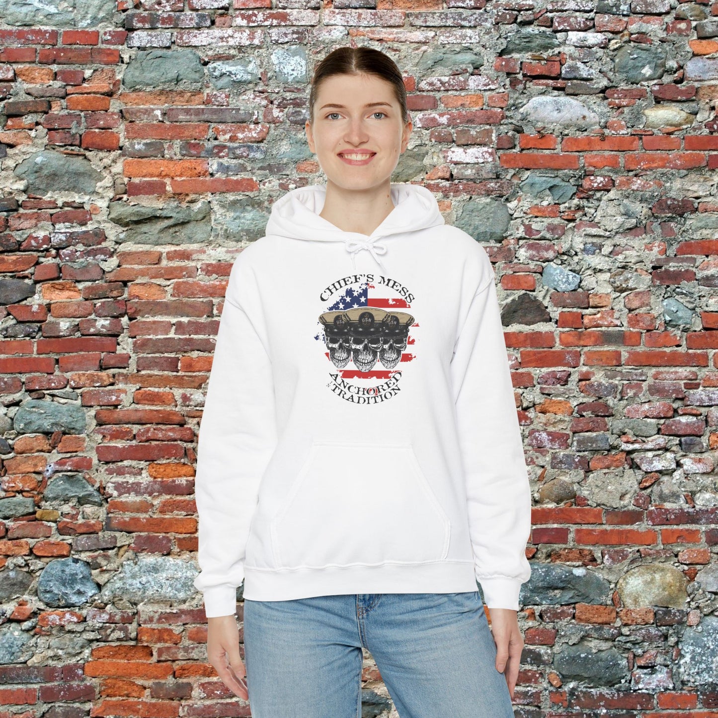 Chief's Mess Anchored Tradition CPO Sailor Skulls on Distressed USA Flag Unisex Heavy Blend™ Hooded Sweatshirt