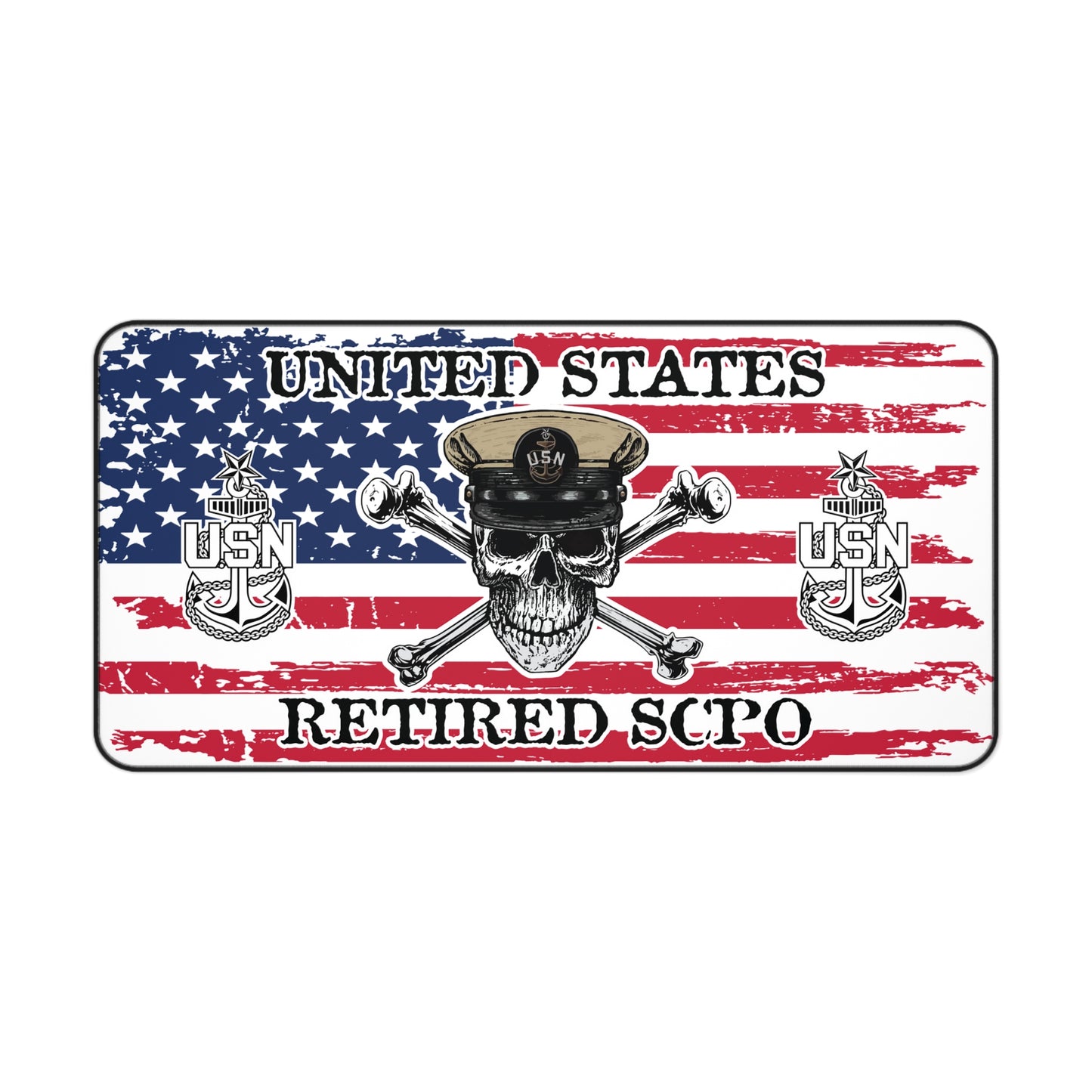United States Retired SCPO Skull Crossbones Senior Chief with Distressed American Flag Desk Mat