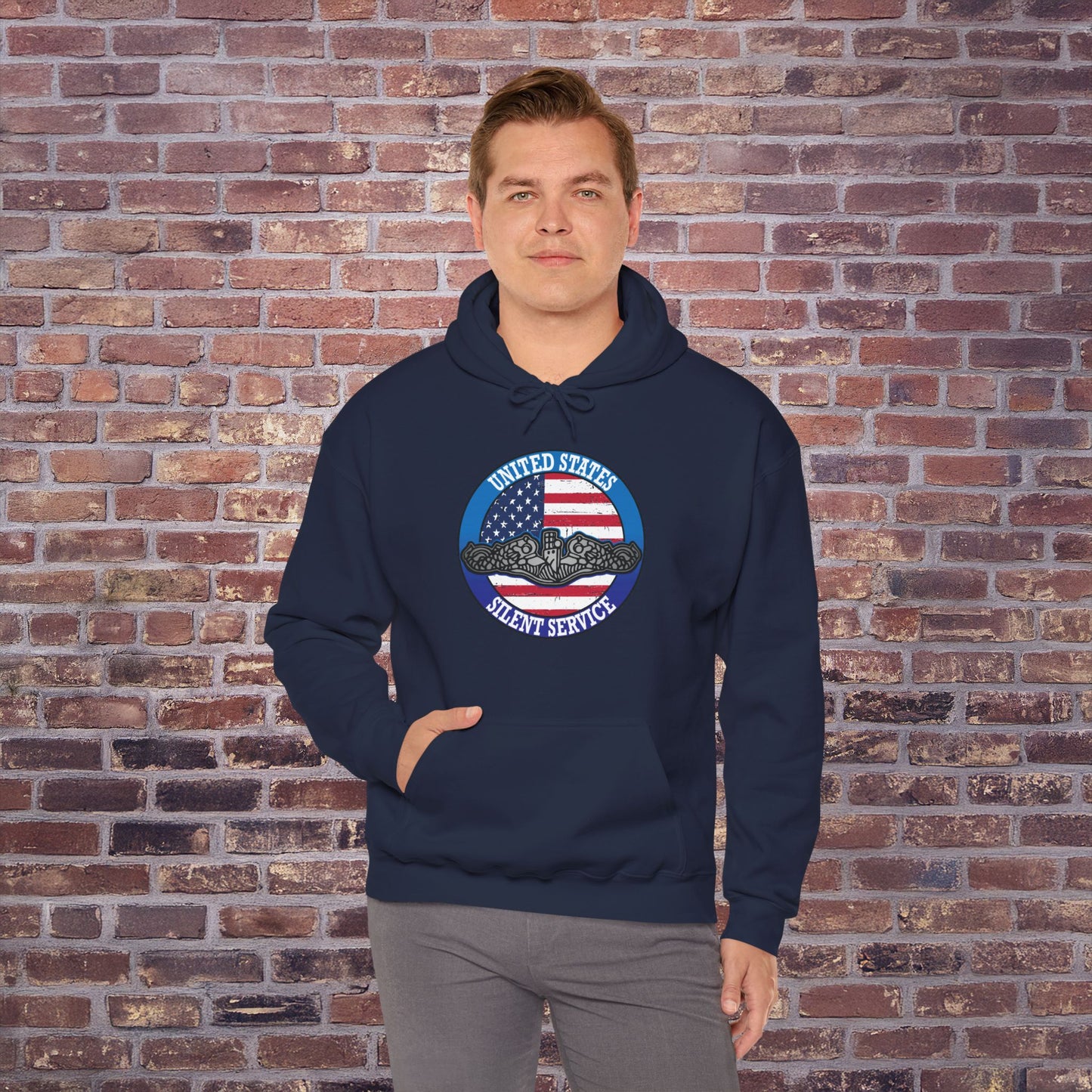 United States Silent Service Submarine Dolphins on Distressed American Flag Unisex Heavy Blend™ Hooded Sweatshirt