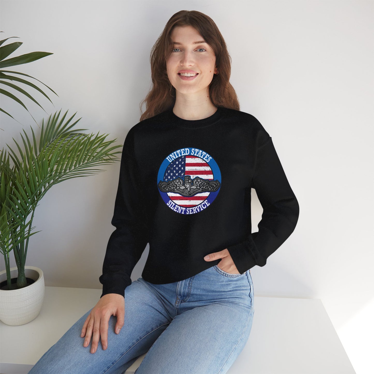 United States Silent Service Submarine Force Silver Dolphins on Distressed American Flag Unisex Heavy Blend™ Crewneck Sweatshirt