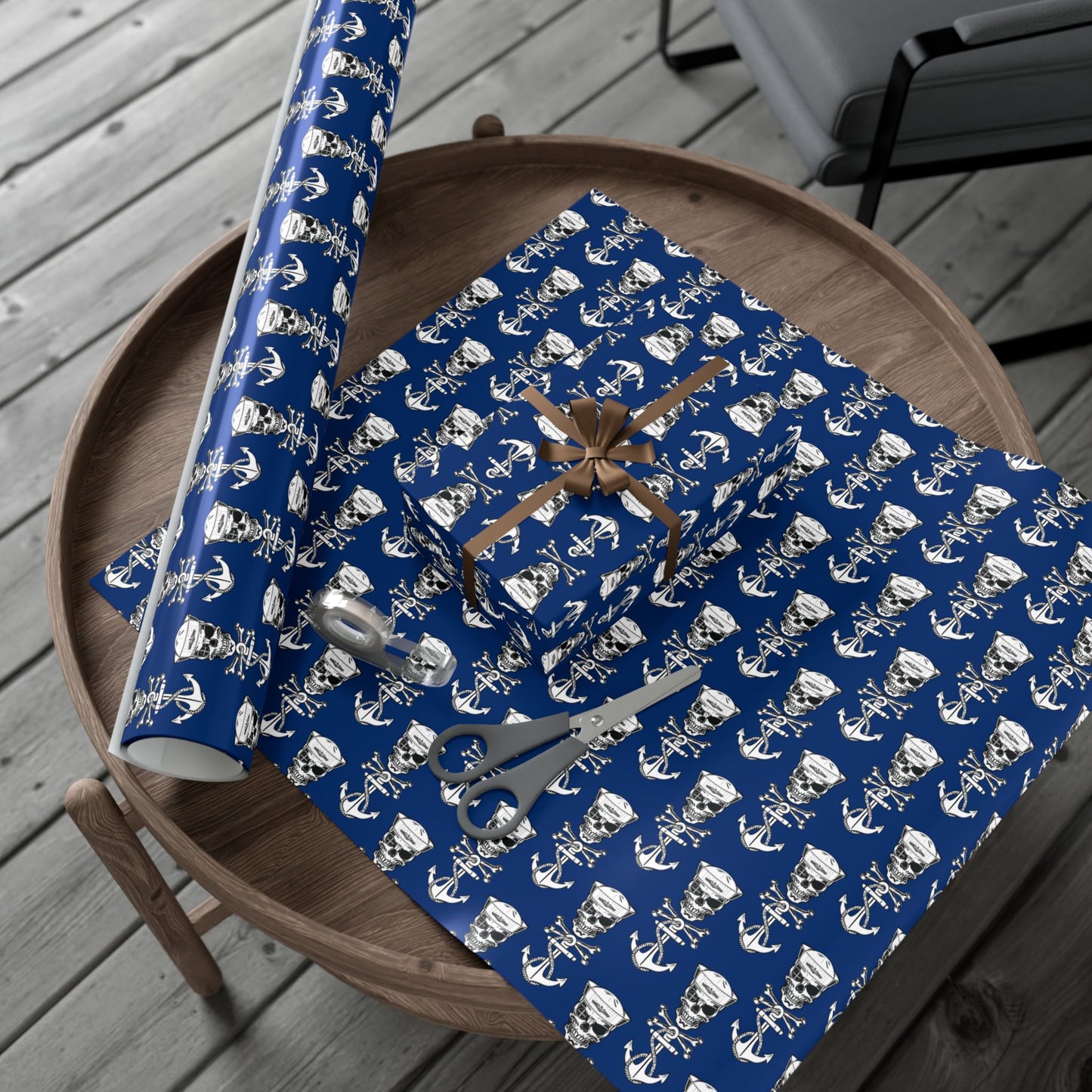 US Navy Submarine Force Sailor Skull Crossbones Wearing Dolphins with Anchors Blue Gift Wrap Papers