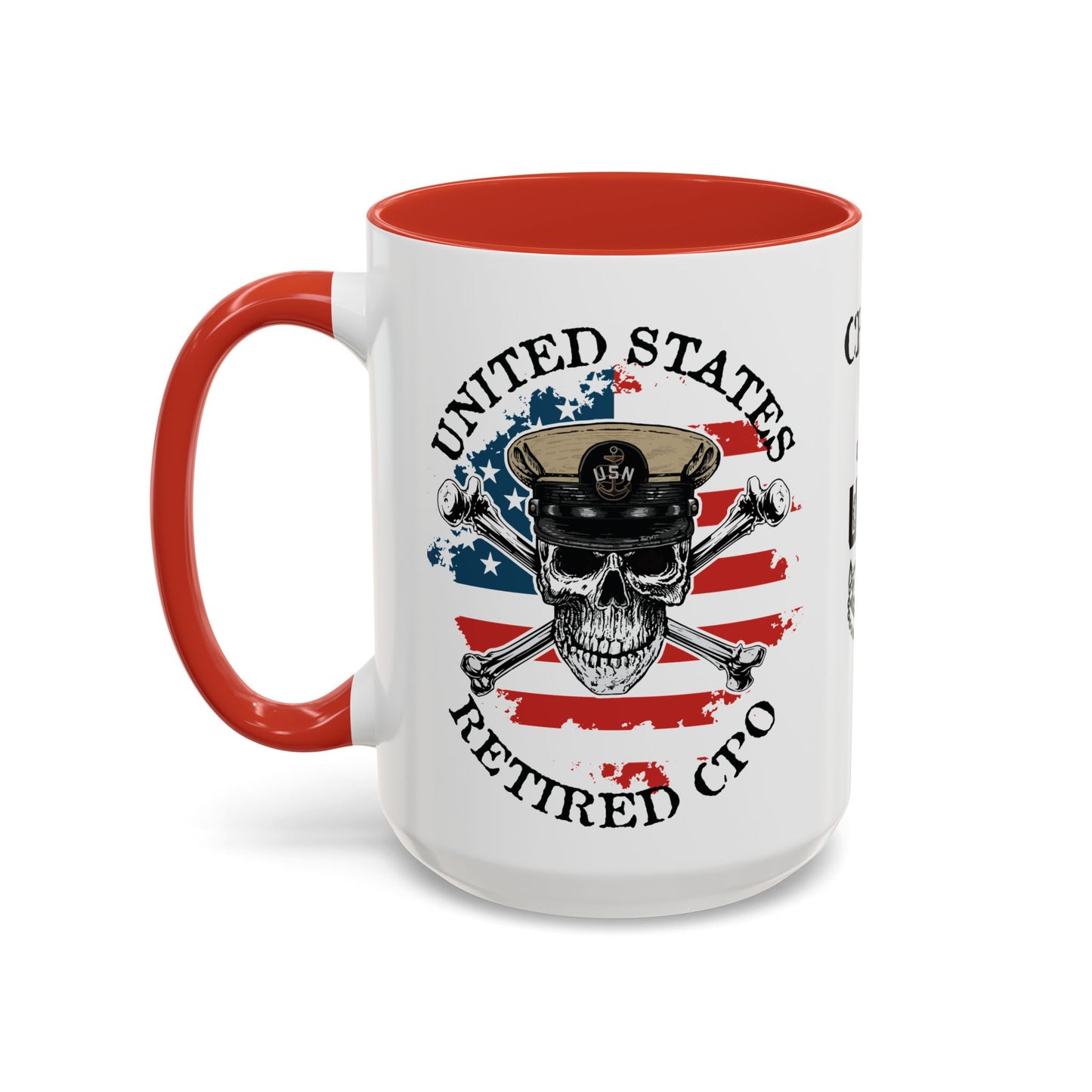 United States Navy Retired CPO Skull Crossbones Chief Petty Officer Anchor with Distressed USA Flag Accent Coffee Mugs
