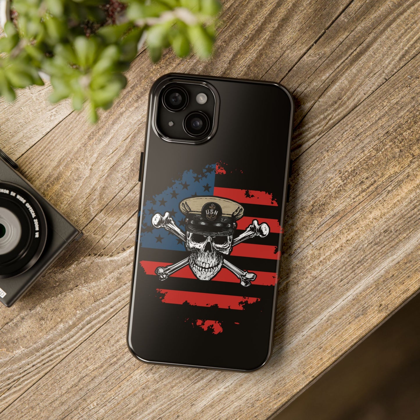 Naval Chief Skull & Crossbones on American Flag Black Tough iPhone Case