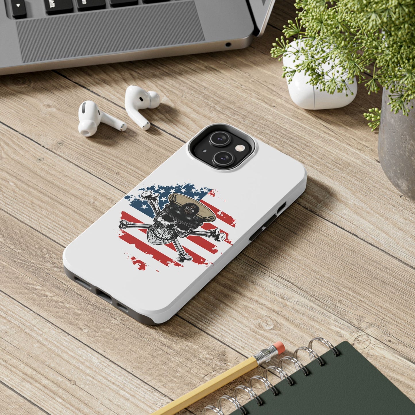 Naval Chief Skull & Crossbones on American Flag White Tough iPhone Case