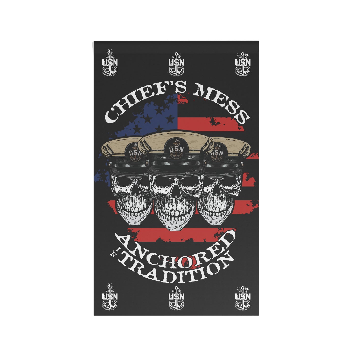 Chief's Mess Anchored Tradition CPO Skull Crossbones with Distressed USA Flag on Black House Banner