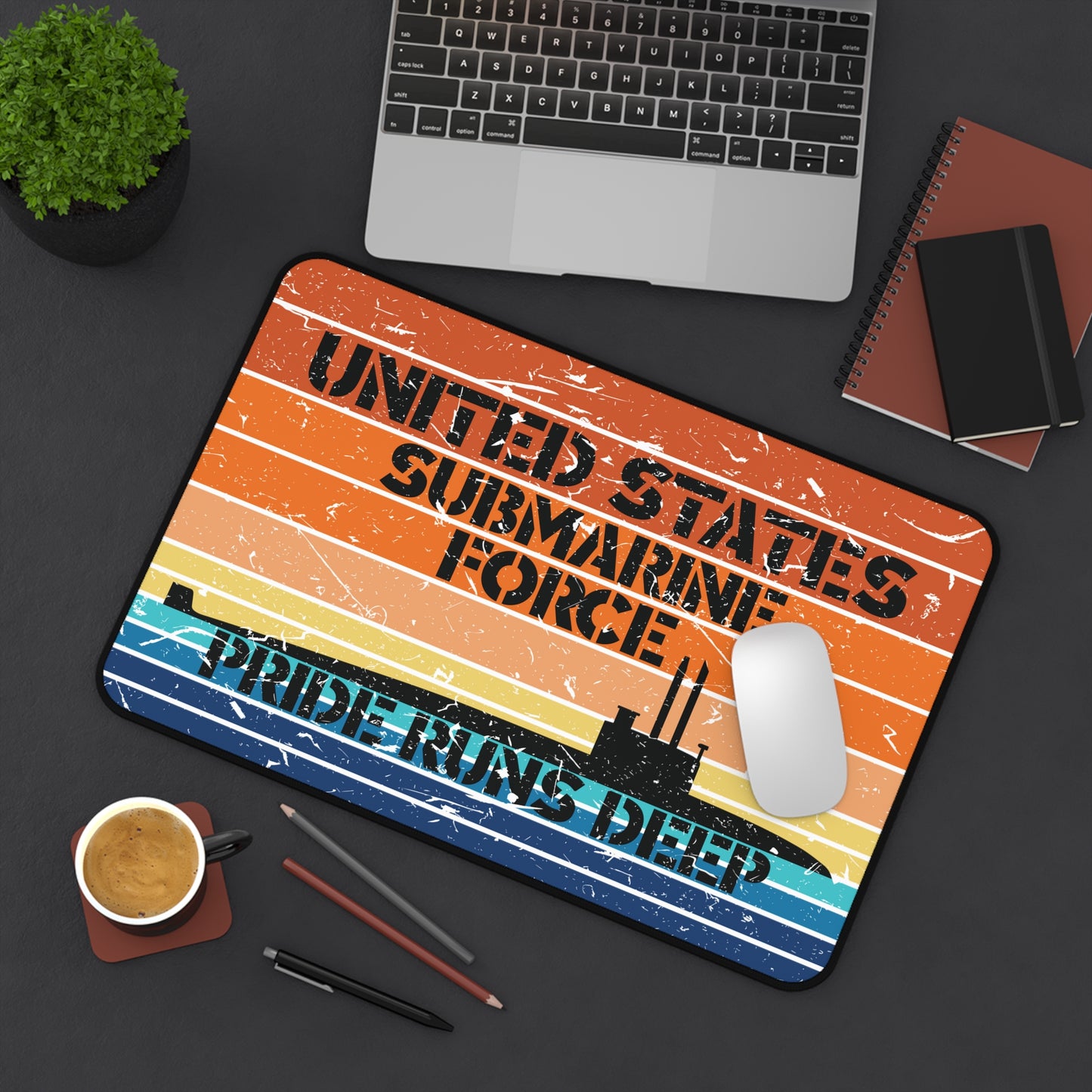 Sunset United States Submarine Force Pride Runs Deep Distressed Retro Vintage Desk Mat