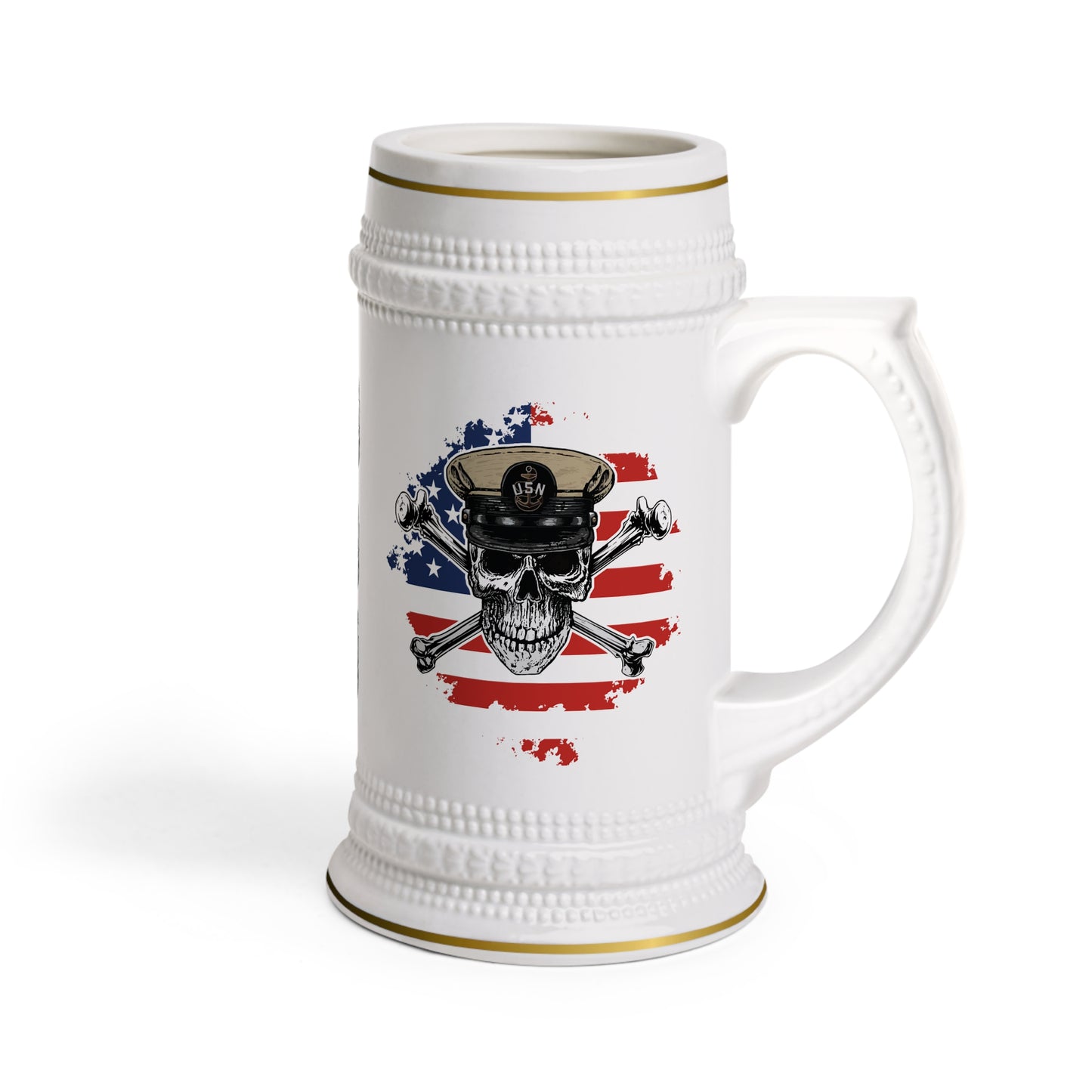 US Navy Chief Skull & Crossbones on American Flag Stein Mug