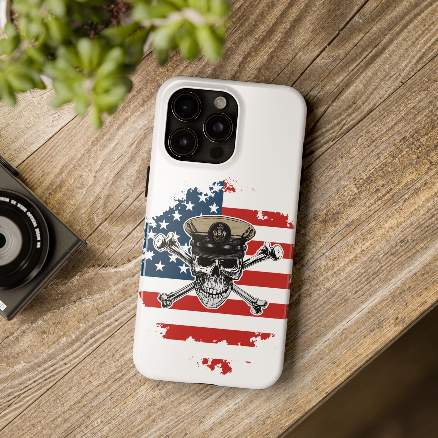 Naval Chief Skull & Crossbones on American Flag White Tough iPhone Case