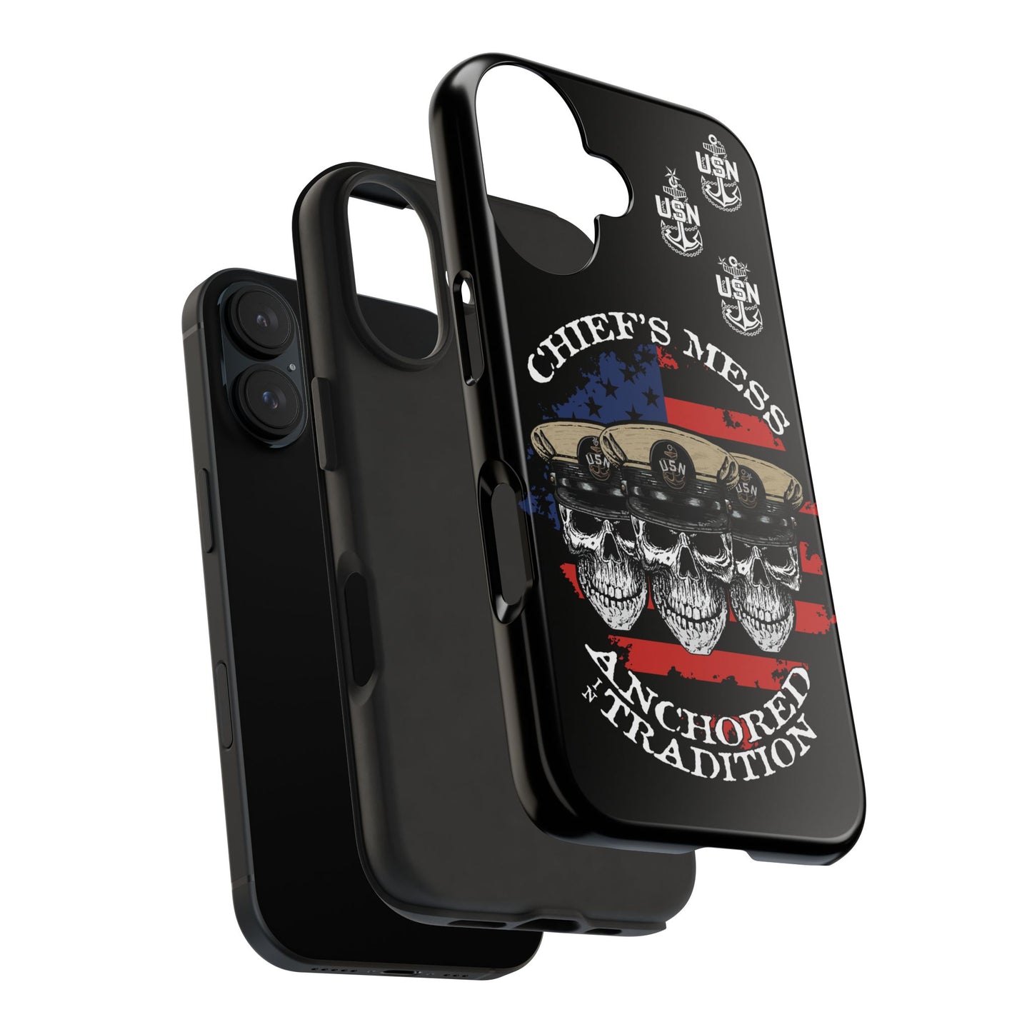 Chief's Mess Anchored Tradition CPO Sailor Skulls on Distressed USA Flag Black Tough iPhone Case