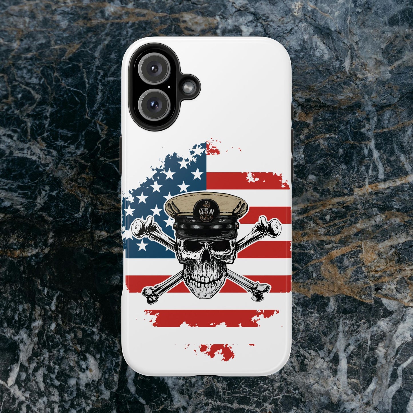 Naval Chief Skull & Crossbones on American Flag White Tough iPhone Case