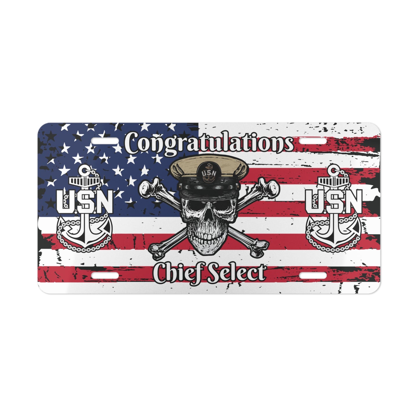 US Navy CPO Skull & Crossbones Congrats Chief Select USA Distressed Flag Vanity License Plate