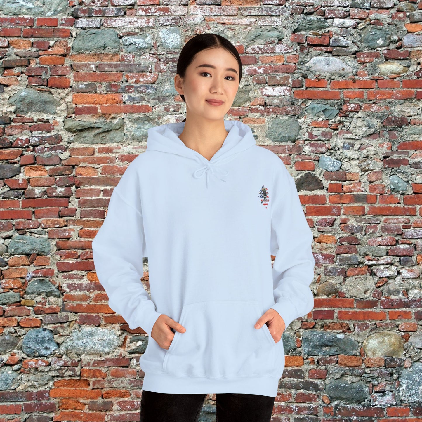 United States Retired CPO Skull Crossbones Chief Petty Officer on Distressed American Flag Mini Front Unisex Heavy Blend™ Hooded Sweatshirt