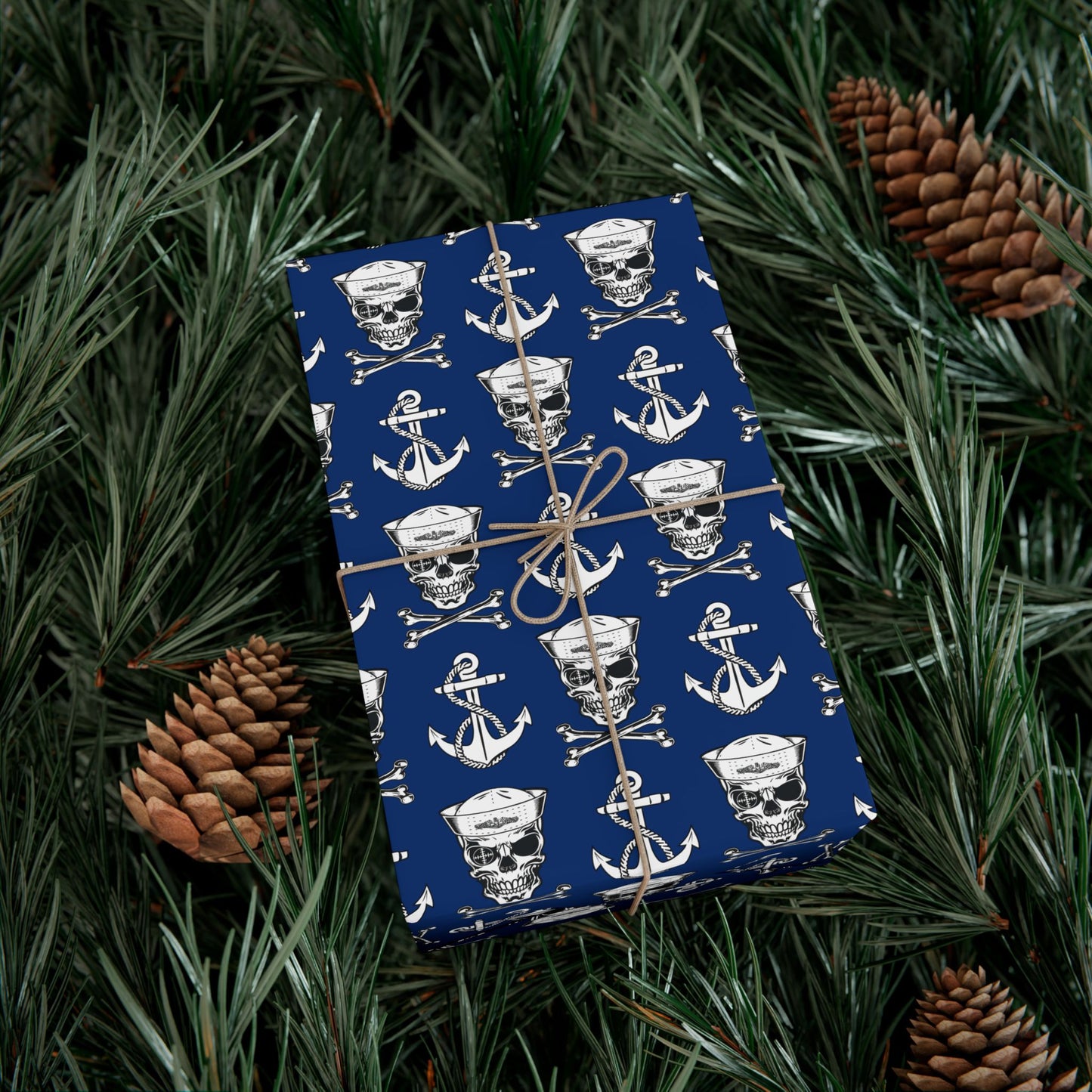 US Navy Submarine Force Sailor Skull Crossbones Wearing Dolphins with Anchors Blue Gift Wrap Papers