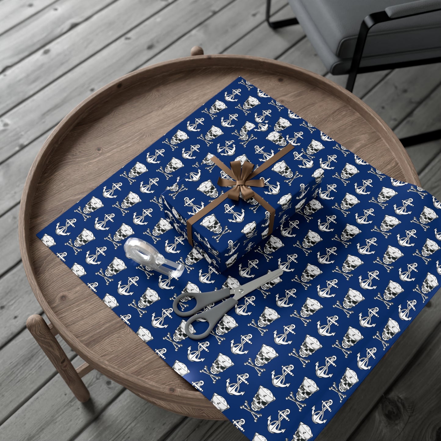 US Navy Sailor Skull Crossbones and Anchors Blue Gift Wrap Papers