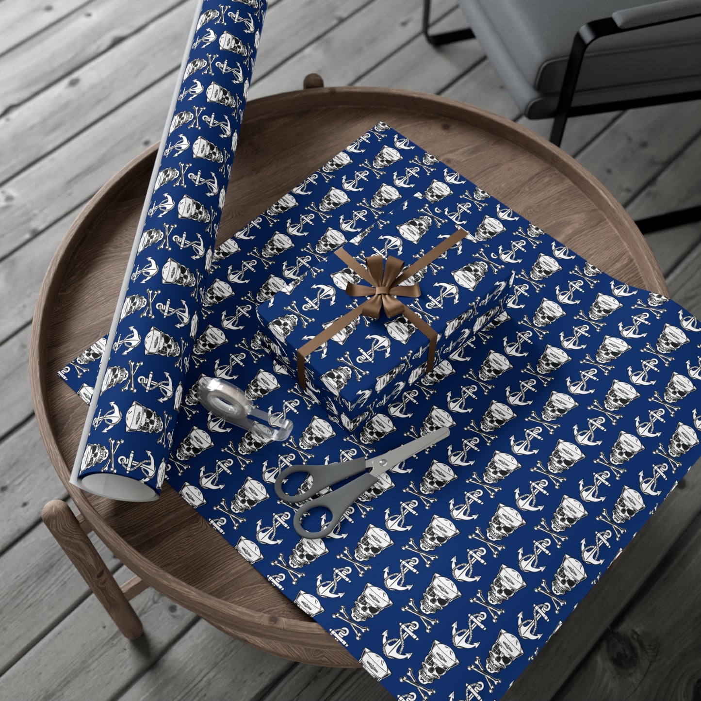 US Navy Submarine Force Sailor Skull Crossbones Wearing Dolphins with Anchors Blue Gift Wrap Papers