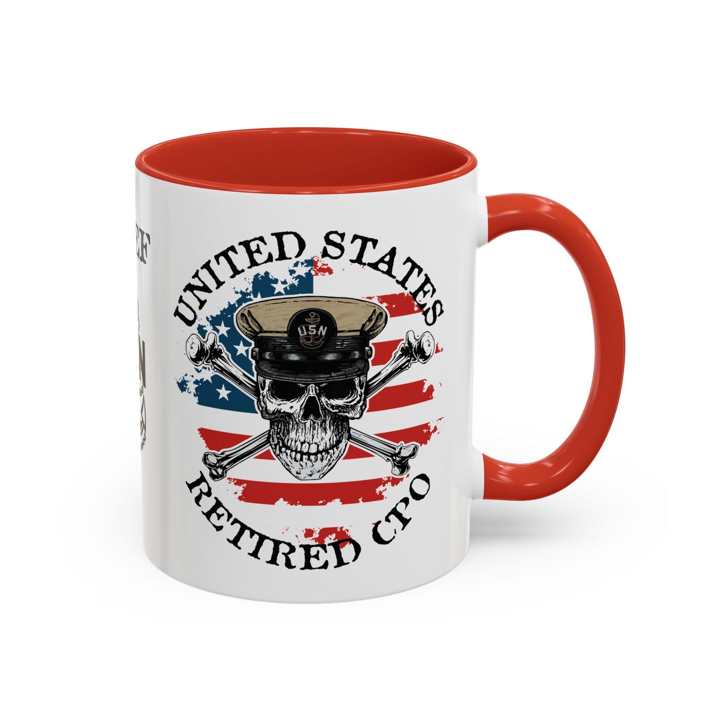 United States Navy Retired CPO Skull Crossbones Chief Petty Officer Anchor with Distressed USA Flag Accent Coffee Mugs