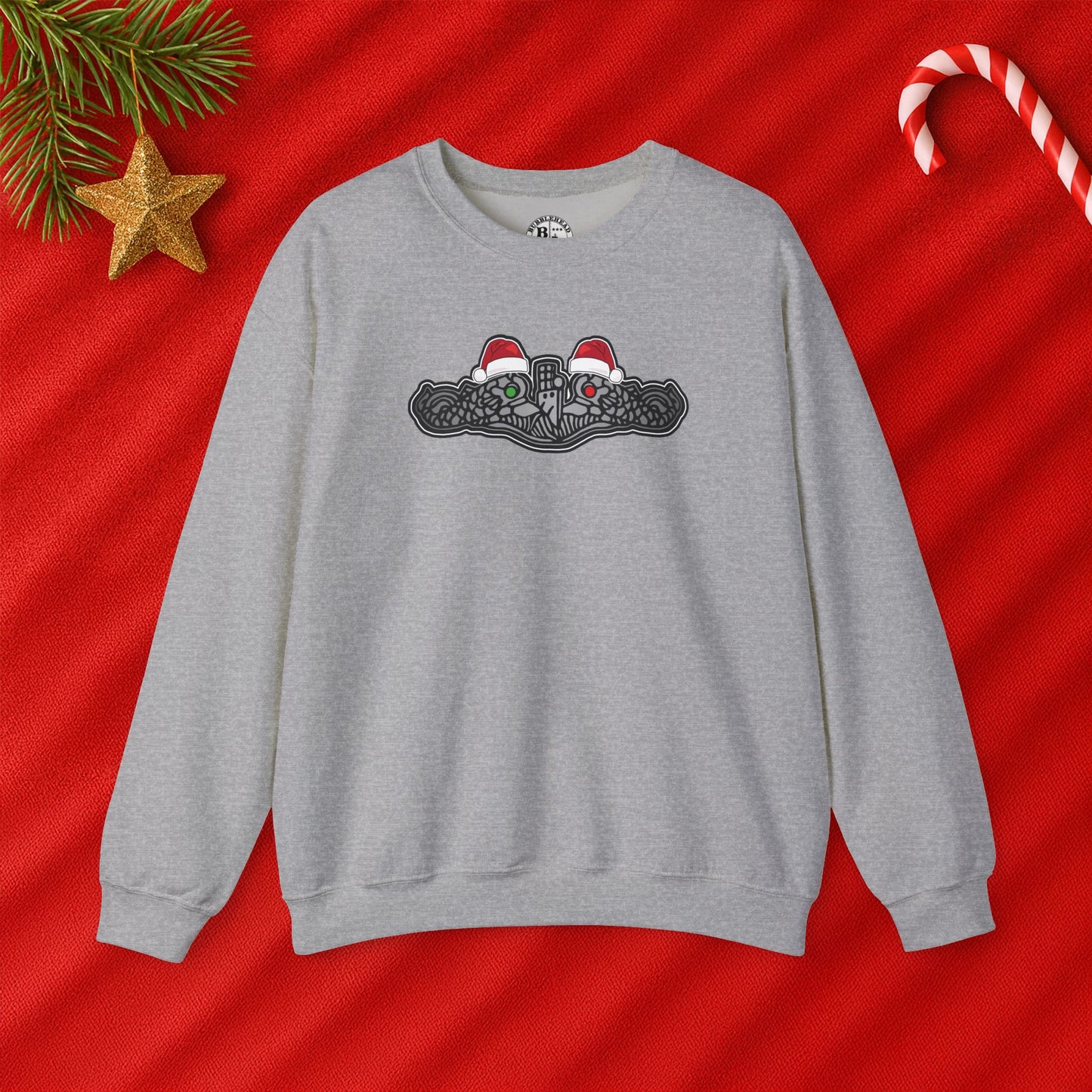 United States Submarine Force Silver Dolphins Christmas Santa Hats with Red and Green Eyes Unisex Heavy Blend™ Crewneck Sweatshirt