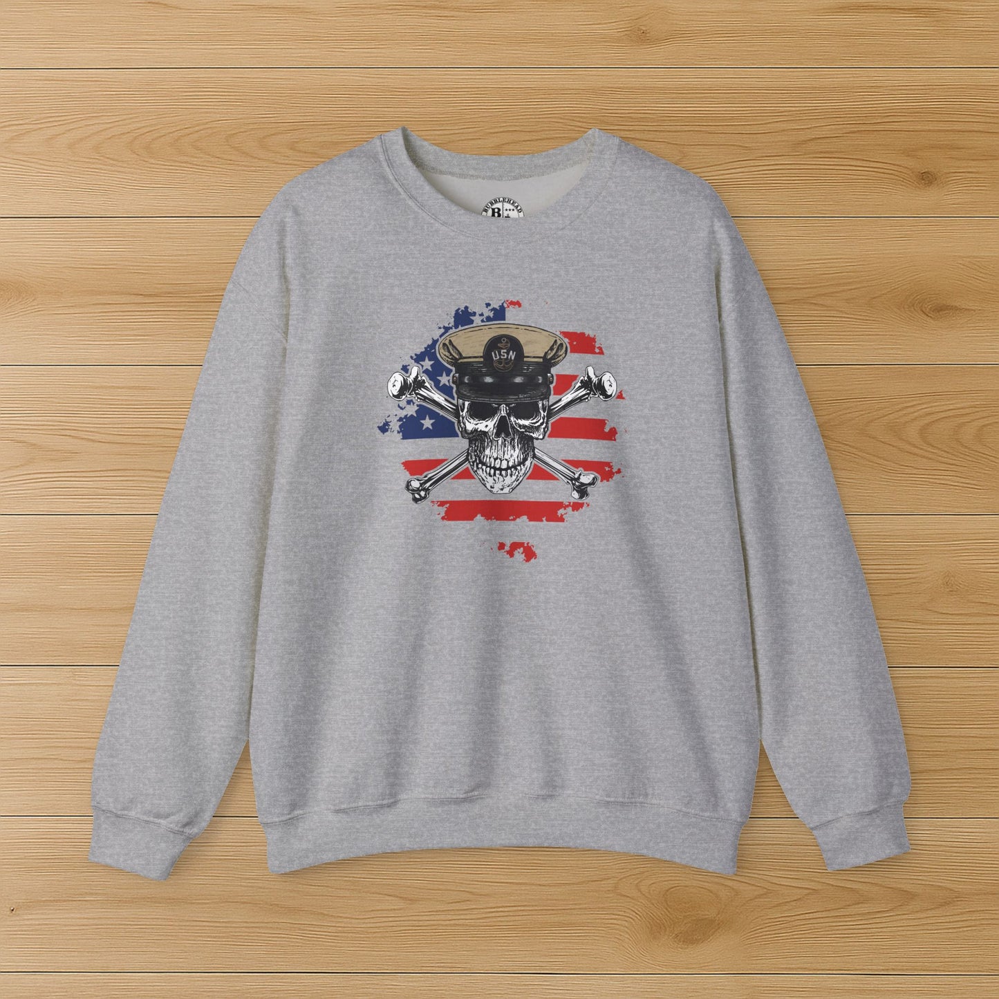 Naval Chief Skull & Crossbones CPO on Distressed American Flag Unisex Heavy Blend™ Crewneck Sweatshirt