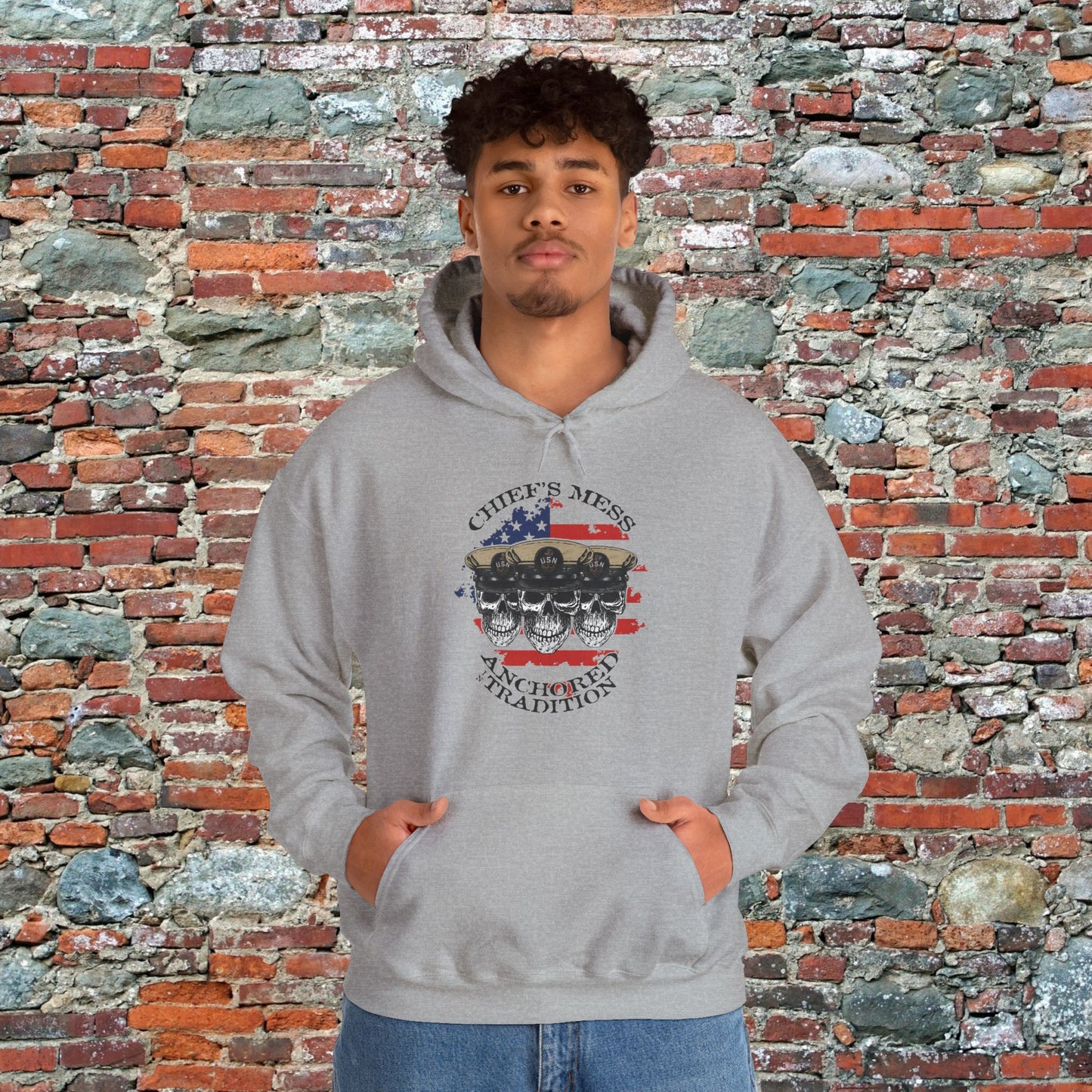 Chief's Mess Anchored Tradition CPO Sailor Skulls on Distressed USA Flag Unisex Heavy Blend™ Hooded Sweatshirt