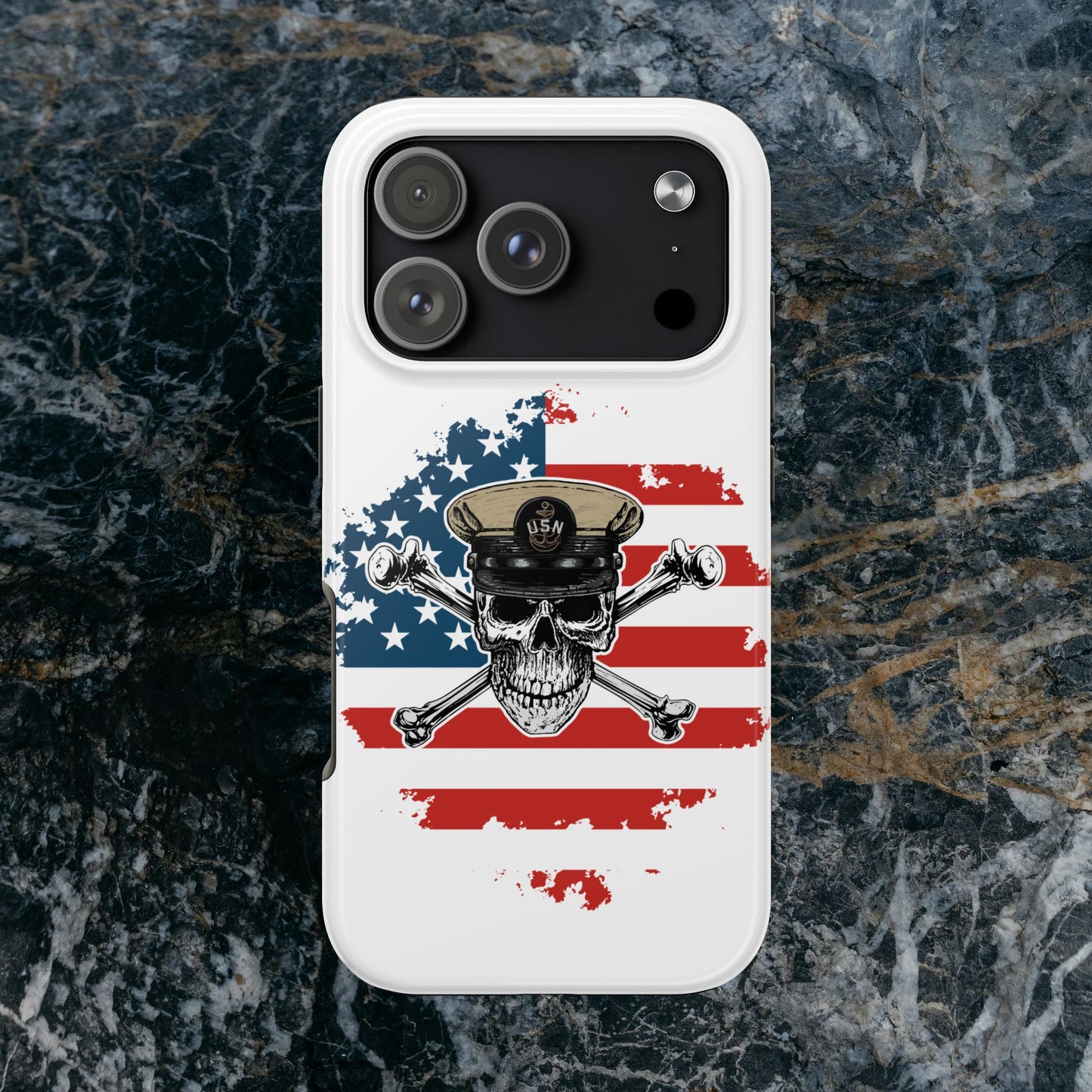 Naval Chief Skull & Crossbones on American Flag White Tough iPhone Case