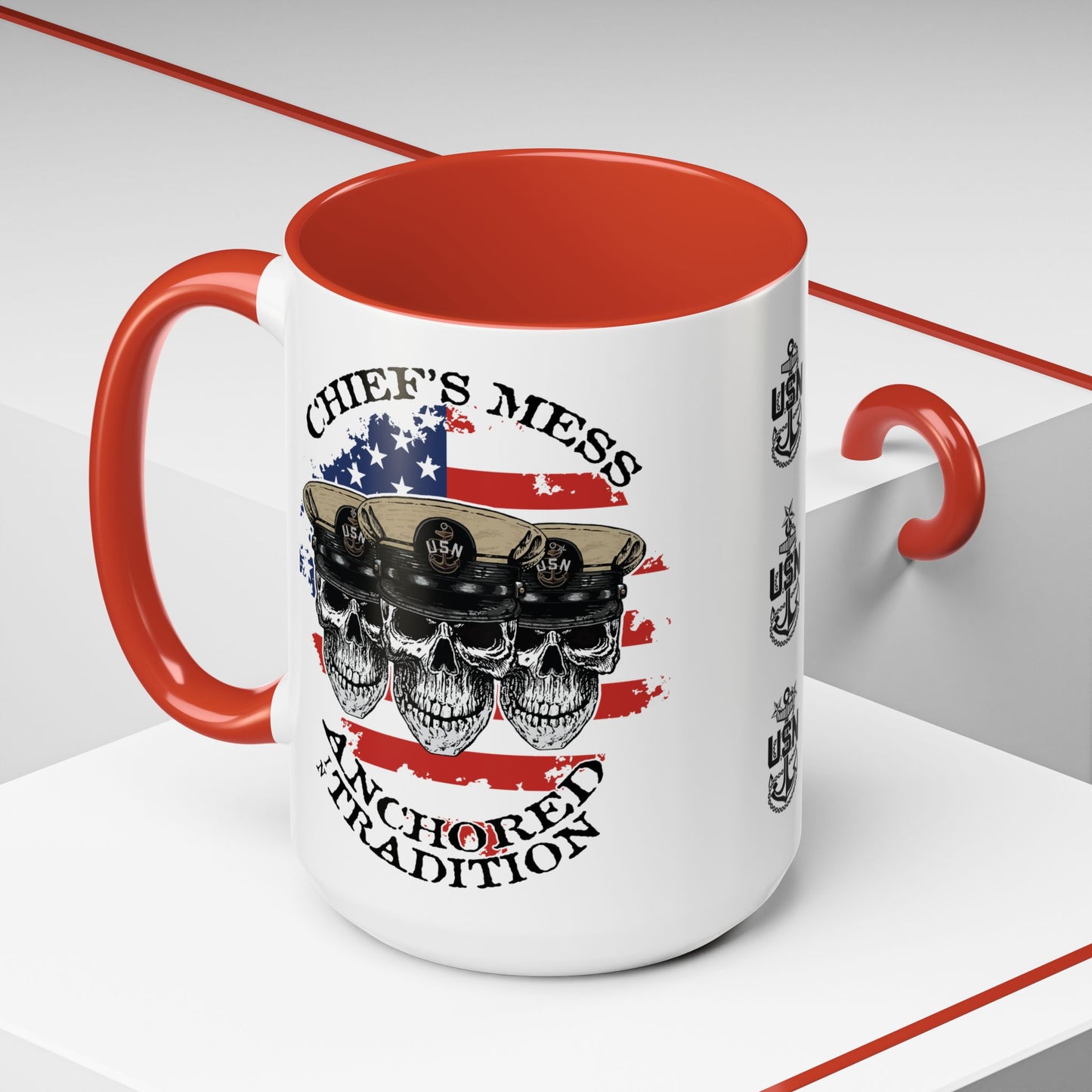 US Navy Chief's Mess Anchored Tradition CPO Sailor Skulls with Distressed USA Flag Accent Coffee Mugs