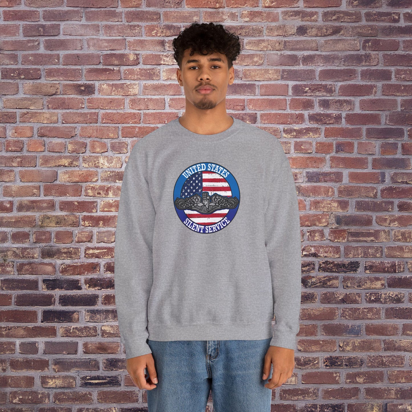 United States Silent Service Submarine Force Silver Dolphins on Distressed American Flag Unisex Heavy Blend™ Crewneck Sweatshirt