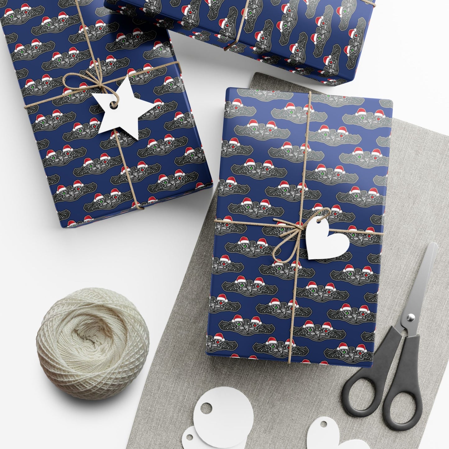 United States Navy Submarine Force Silver Enlisted Dolphins Christmas Hats with Red and Green Eyes Blue Gift Wrap Papers