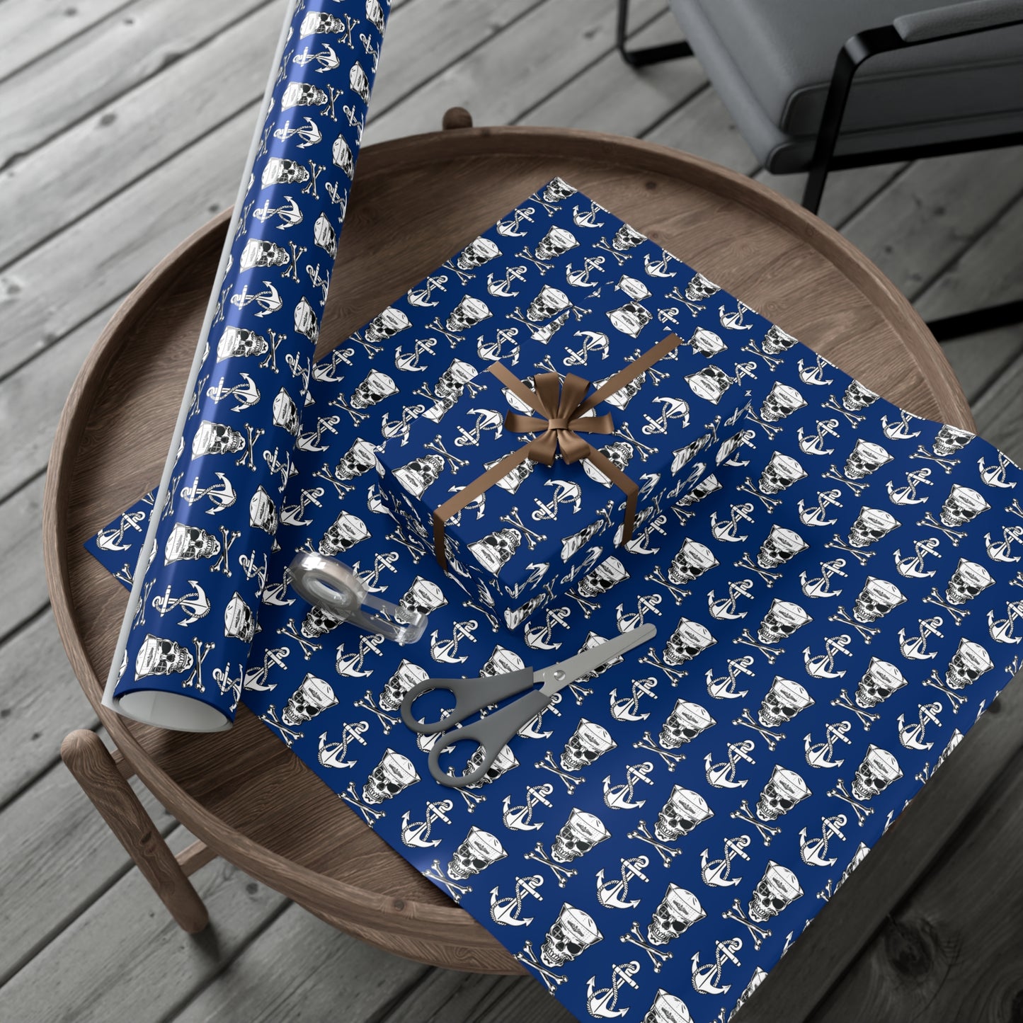 US Navy Submarine Force Sailor Skull Crossbones Wearing Dolphins with Anchors Blue Gift Wrap Papers