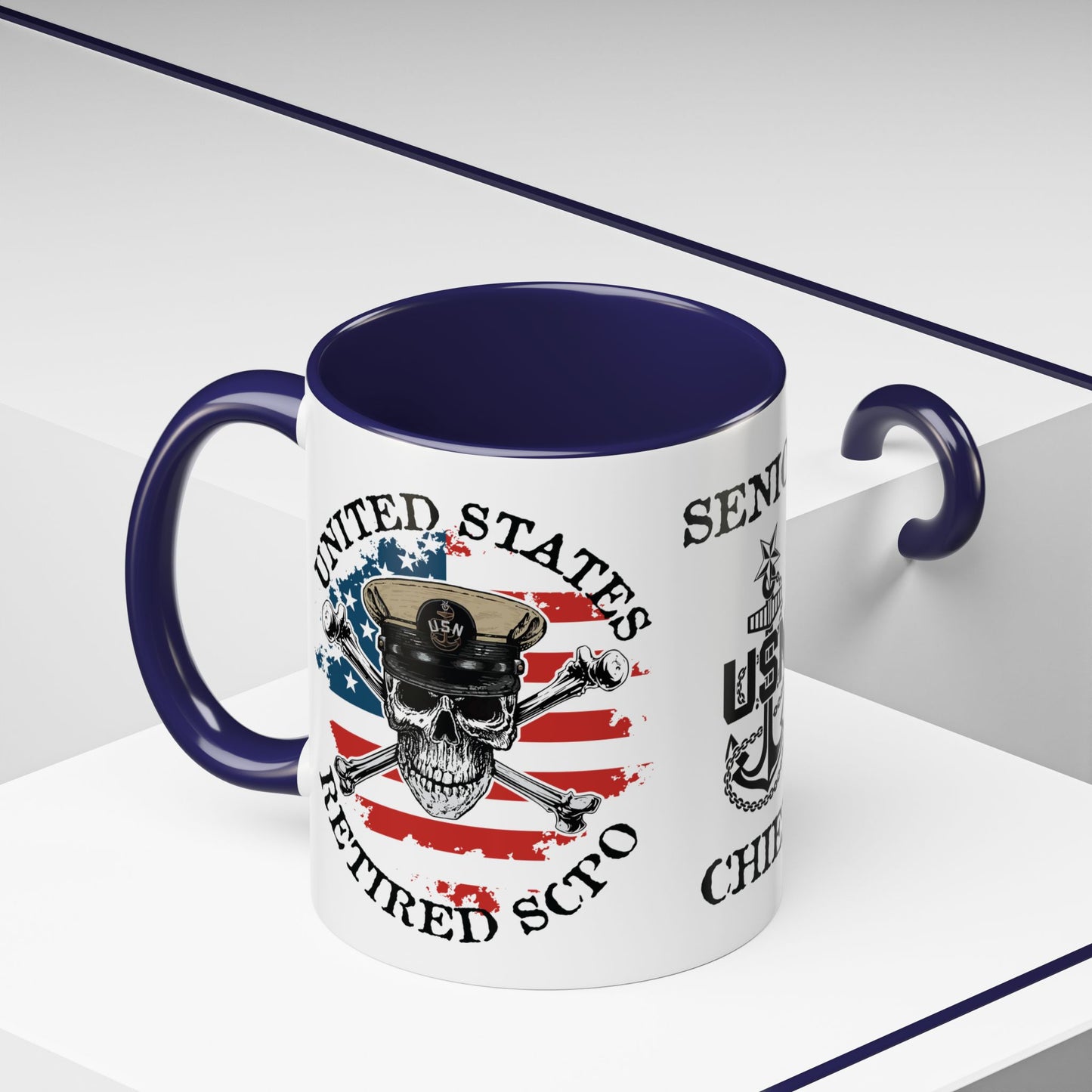 United States Navy Retired SCPO Skull Crossbones Senior Chief Petty Officer Anchor with Distressed USA Flag Accent Coffee Mugs