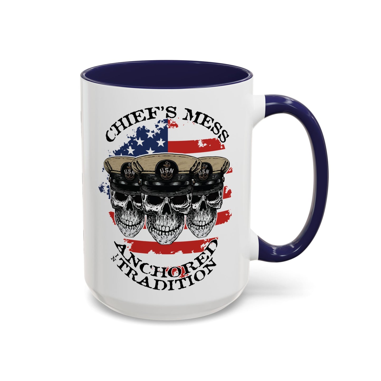 US Navy Chief's Mess Anchored Tradition CPO Sailor Skulls with Distressed USA Flag Accent Coffee Mugs