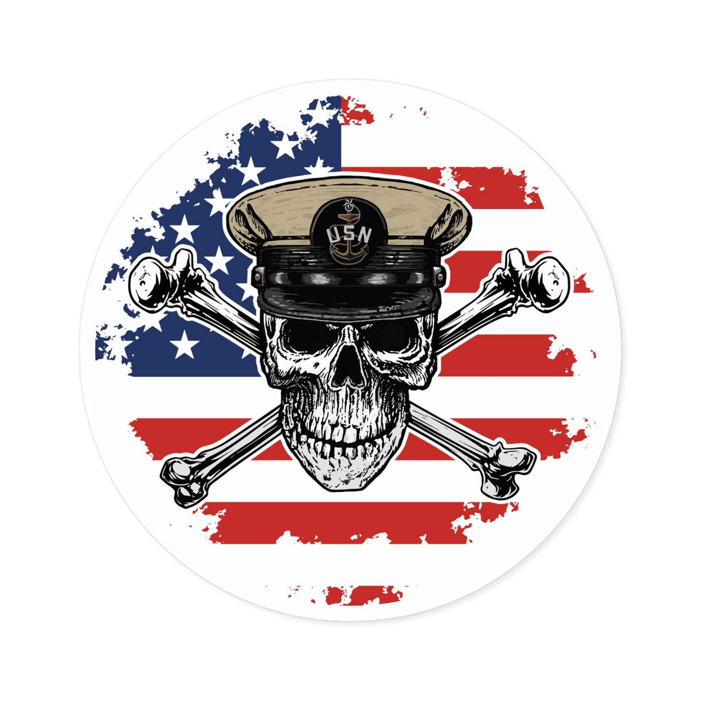 Naval Senior Chief SCPO Skull & Crossbones on American Flag Round Sticker