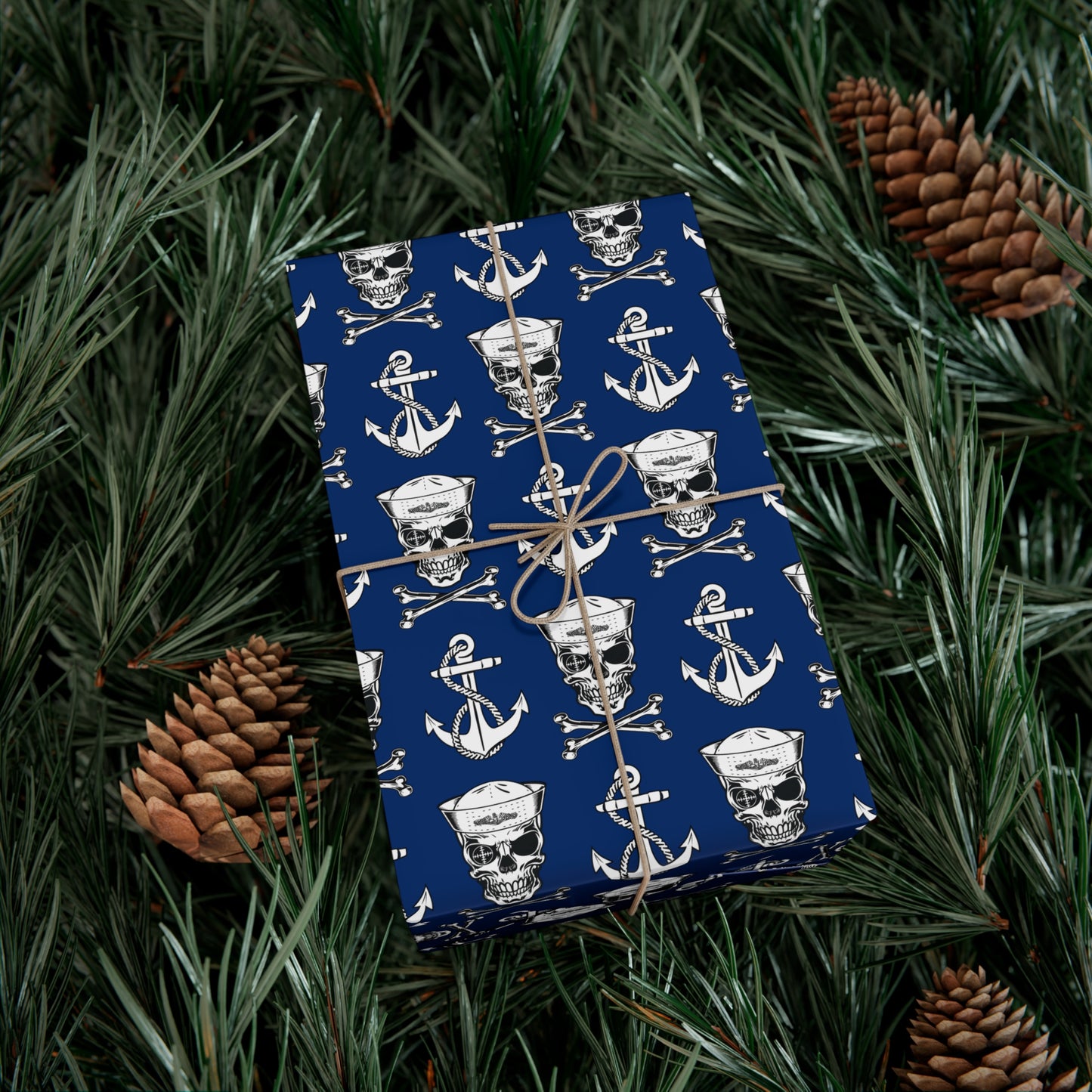 US Navy Submarine Force Sailor Skull Crossbones Wearing Dolphins with Anchors Blue Gift Wrap Papers