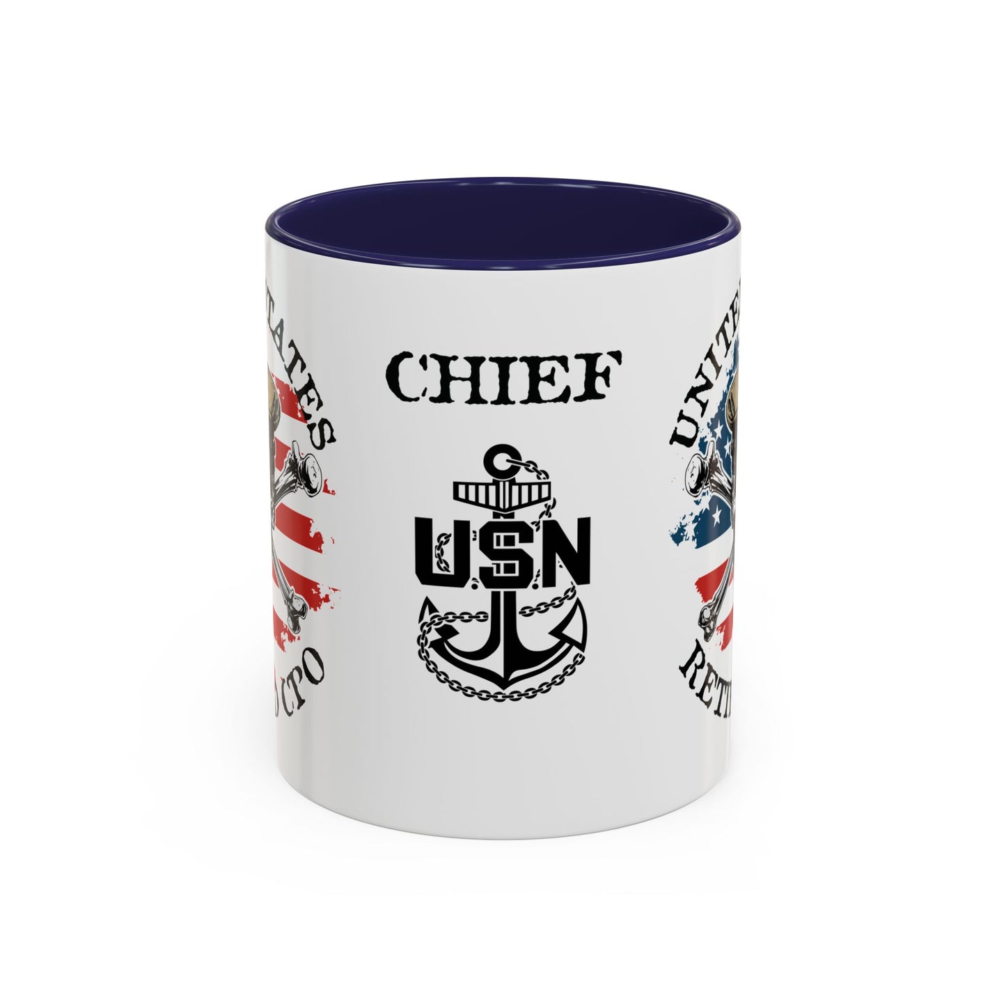 United States Navy Retired CPO Skull Crossbones Chief Petty Officer Anchor with Distressed USA Flag Accent Coffee Mugs