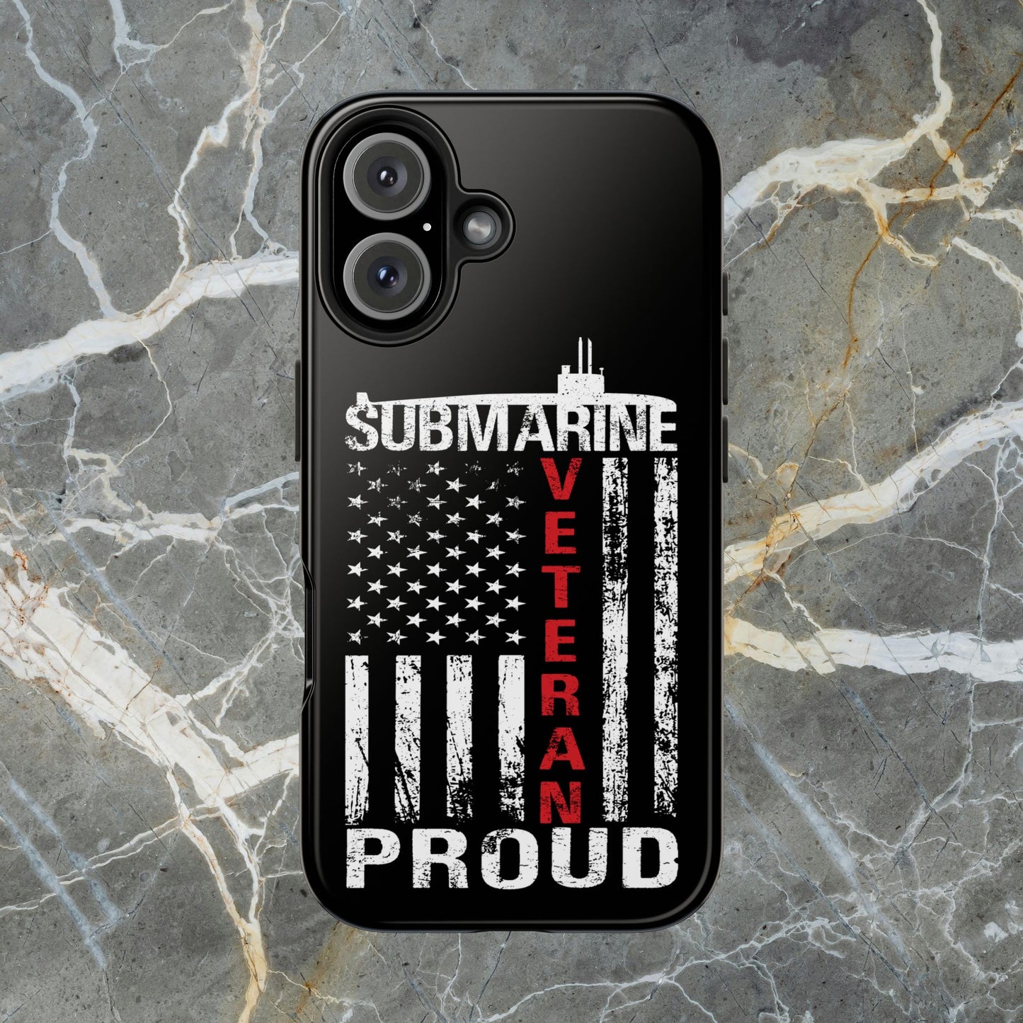U.S. Submarine Veteran Proud Distressed White USA Flag Black Tough iPhone Case