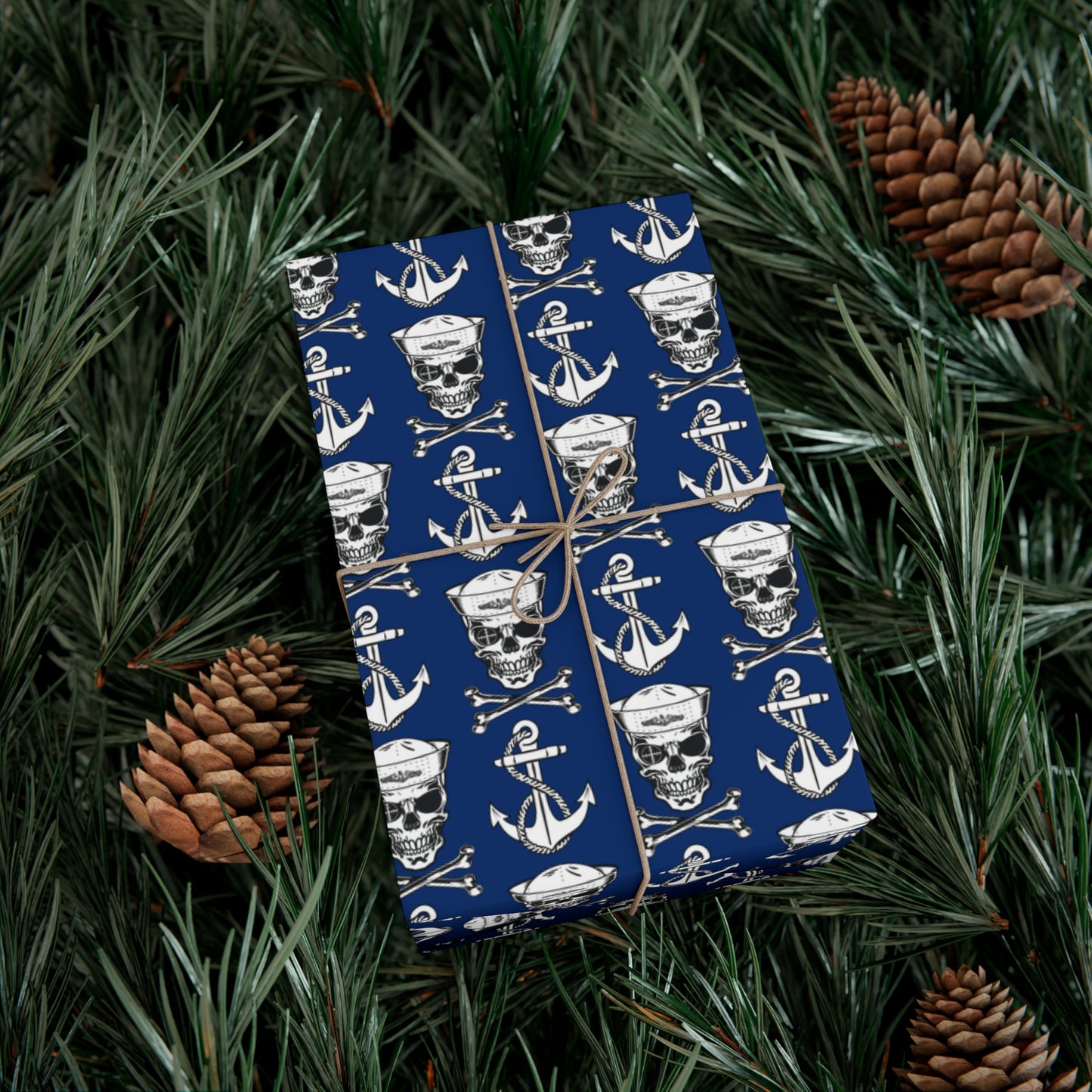 US Navy Submarine Force Sailor Skull Crossbones Wearing Dolphins with Anchors Blue Gift Wrap Papers