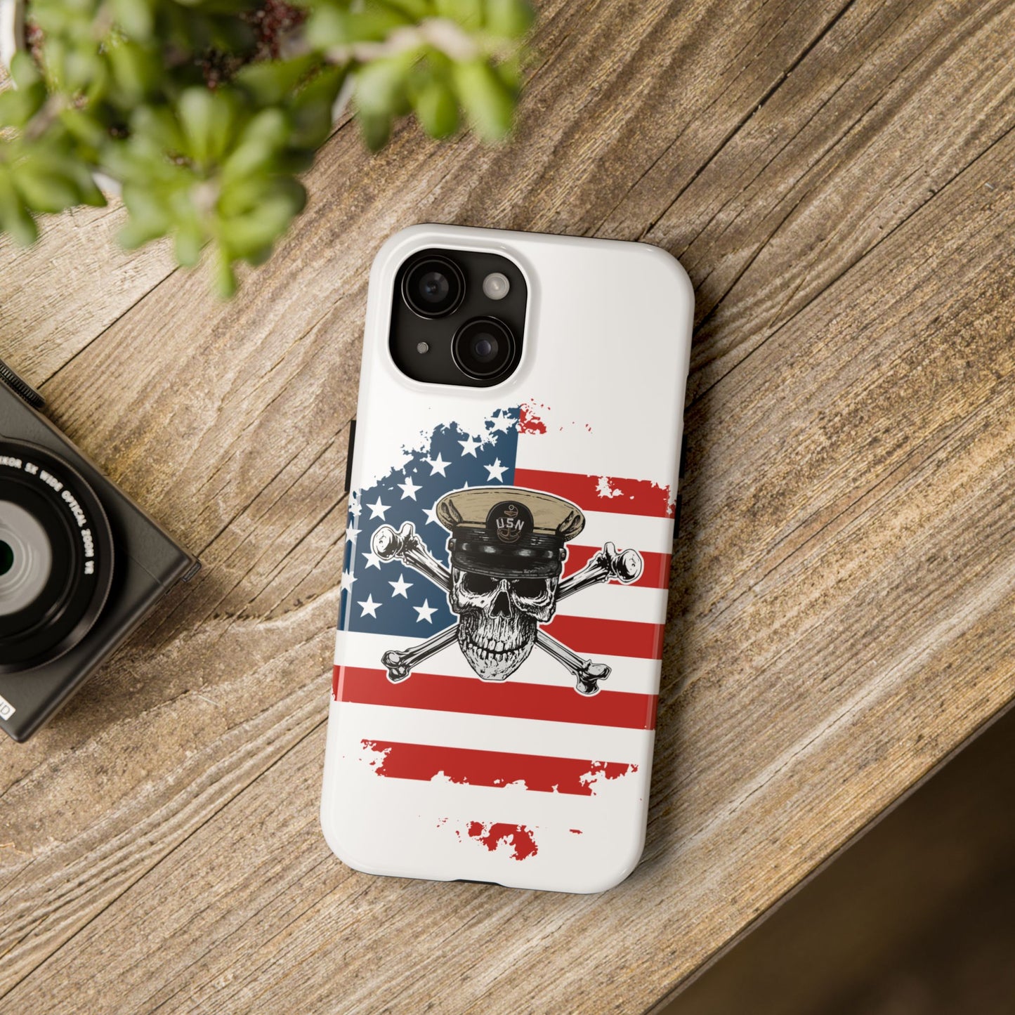Naval Chief Skull & Crossbones on American Flag White Tough iPhone Case