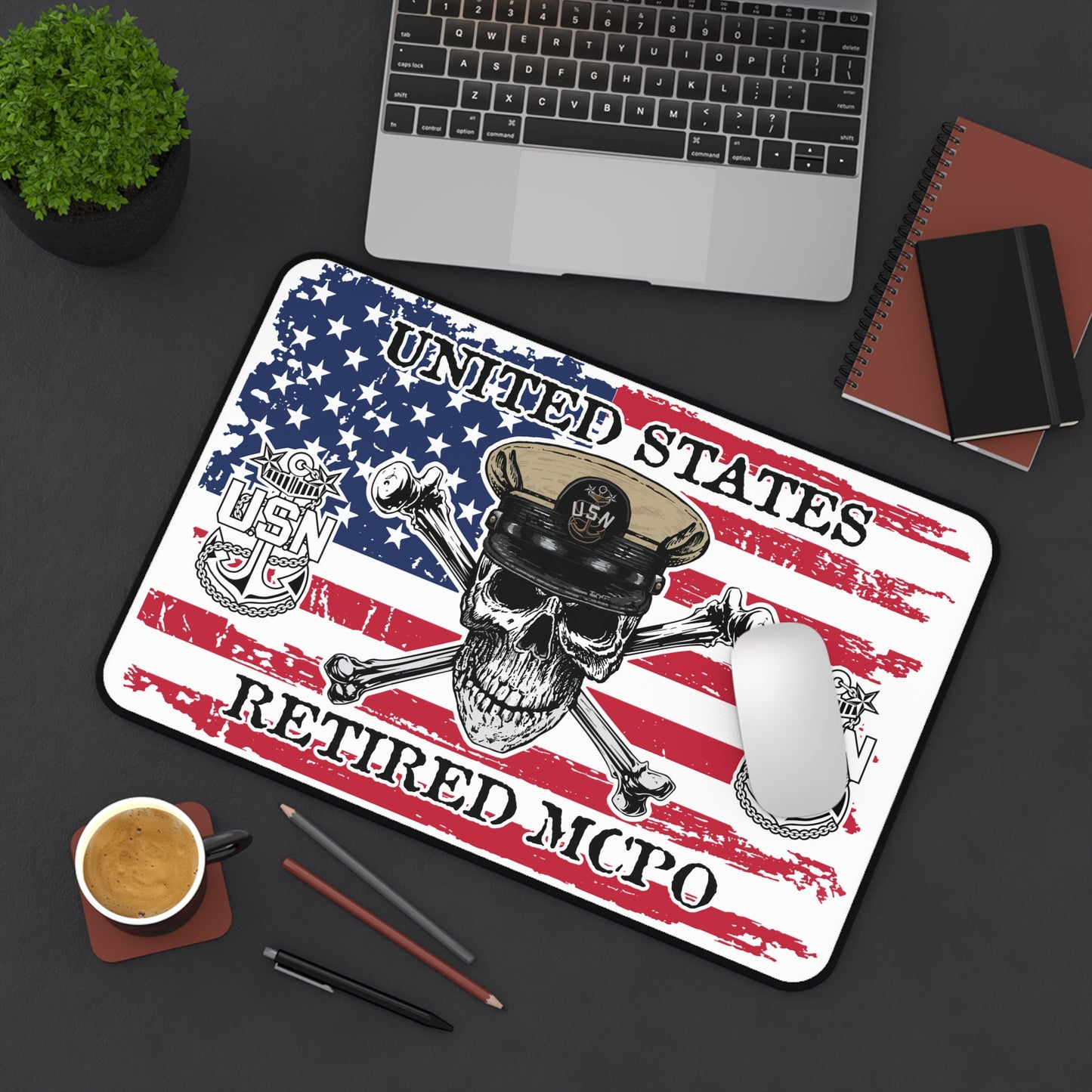 US Retired Master Chief Skull Crossbones with Distressed American Flag Desk Mat