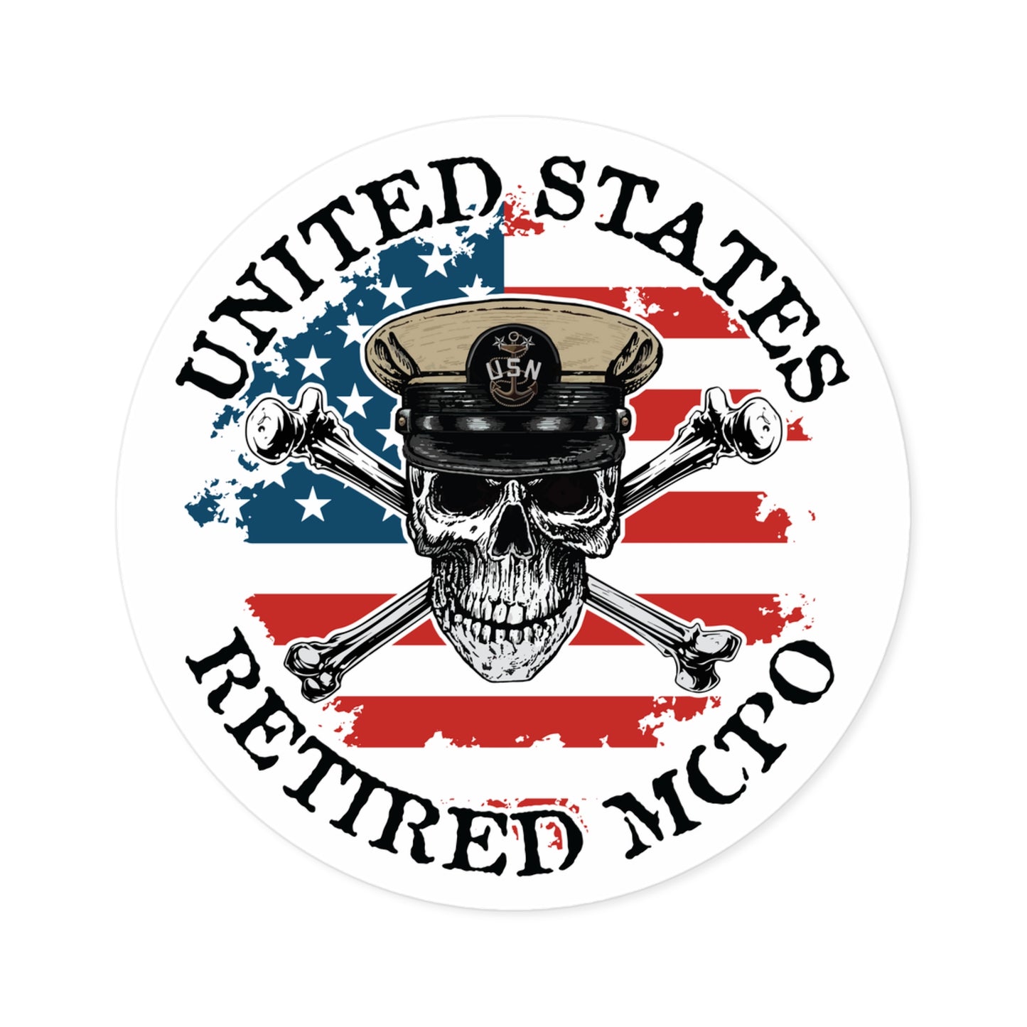 United States Retired MCPO Skull Crossbones Master Chief Petty Officer with Distressed American Flag Master Round Sticker