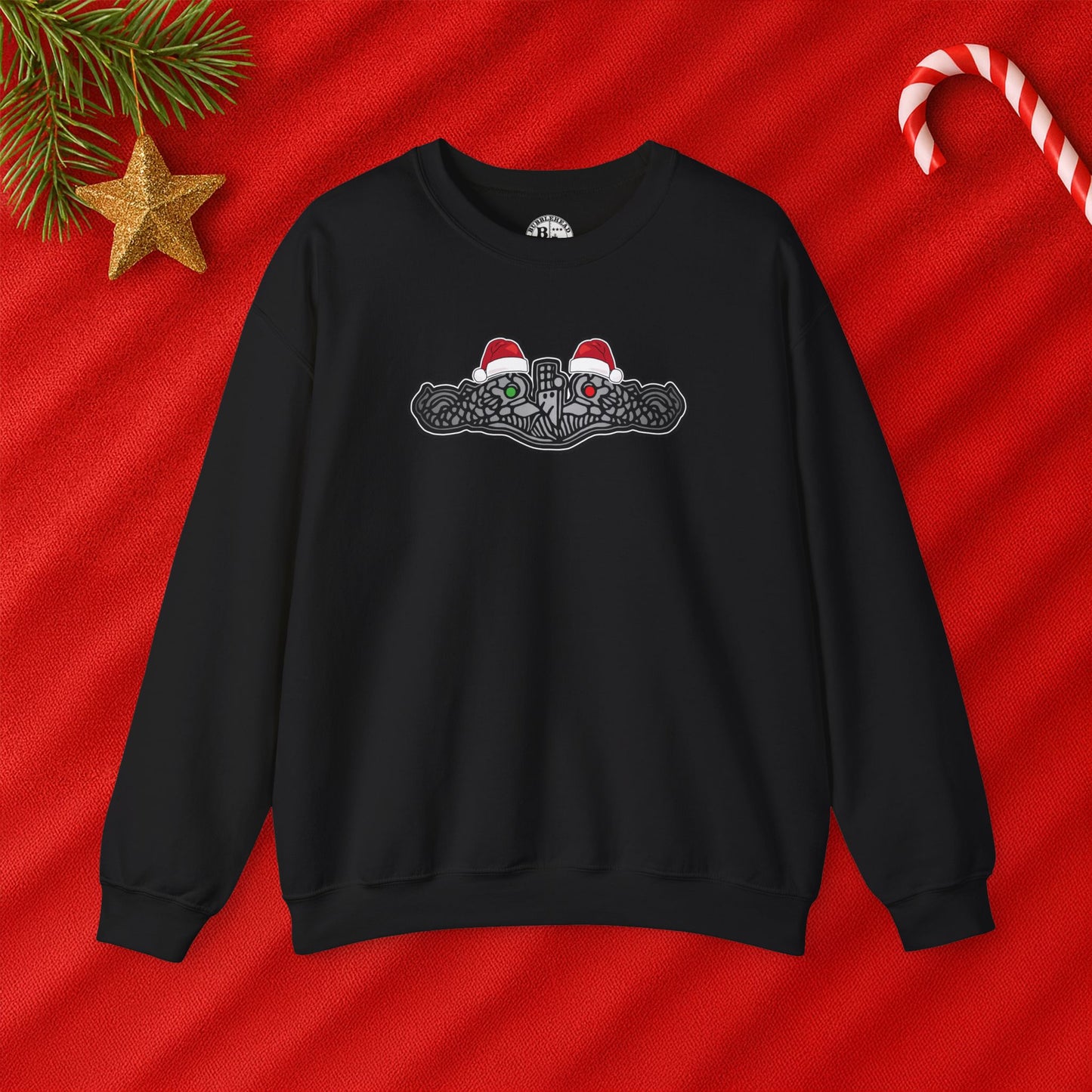United States Submarine Force Silver Dolphins Christmas Santa Hats with Red and Green Eyes Unisex Heavy Blend™ Crewneck Sweatshirt