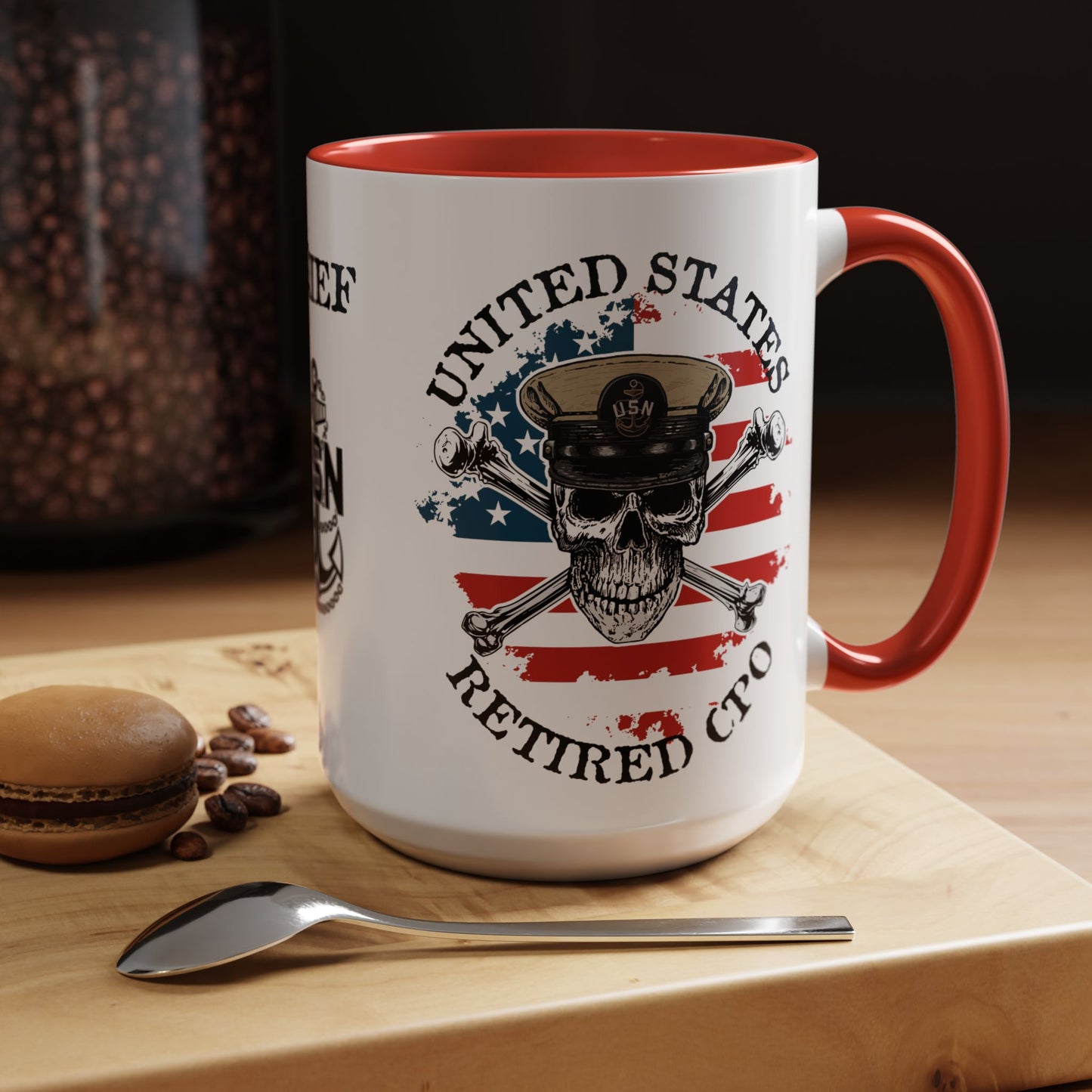 United States Navy Retired CPO Skull Crossbones Chief Petty Officer Anchor with Distressed USA Flag Accent Coffee Mugs