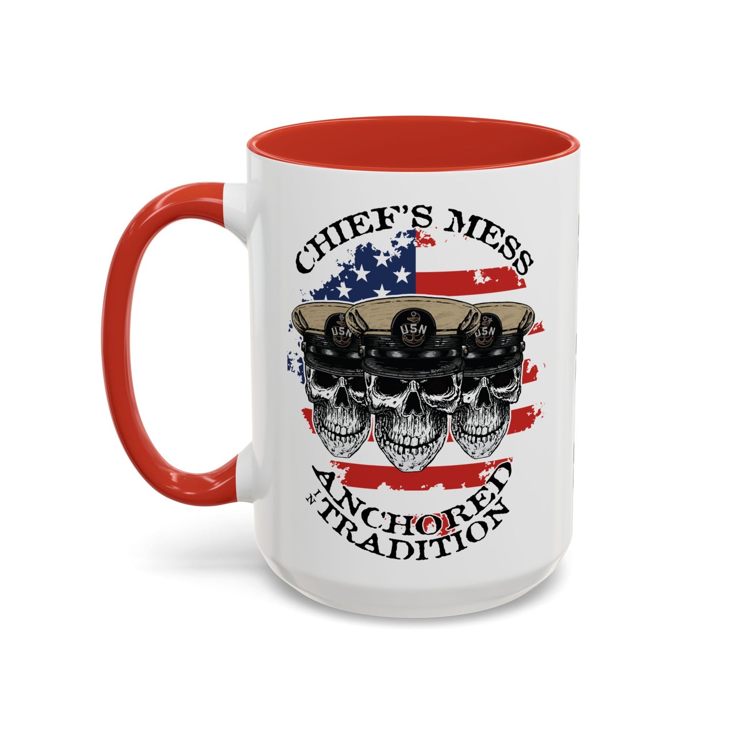US Navy Chief's Mess Anchored Tradition CPO Sailor Skulls with Distressed USA Flag Accent Coffee Mugs