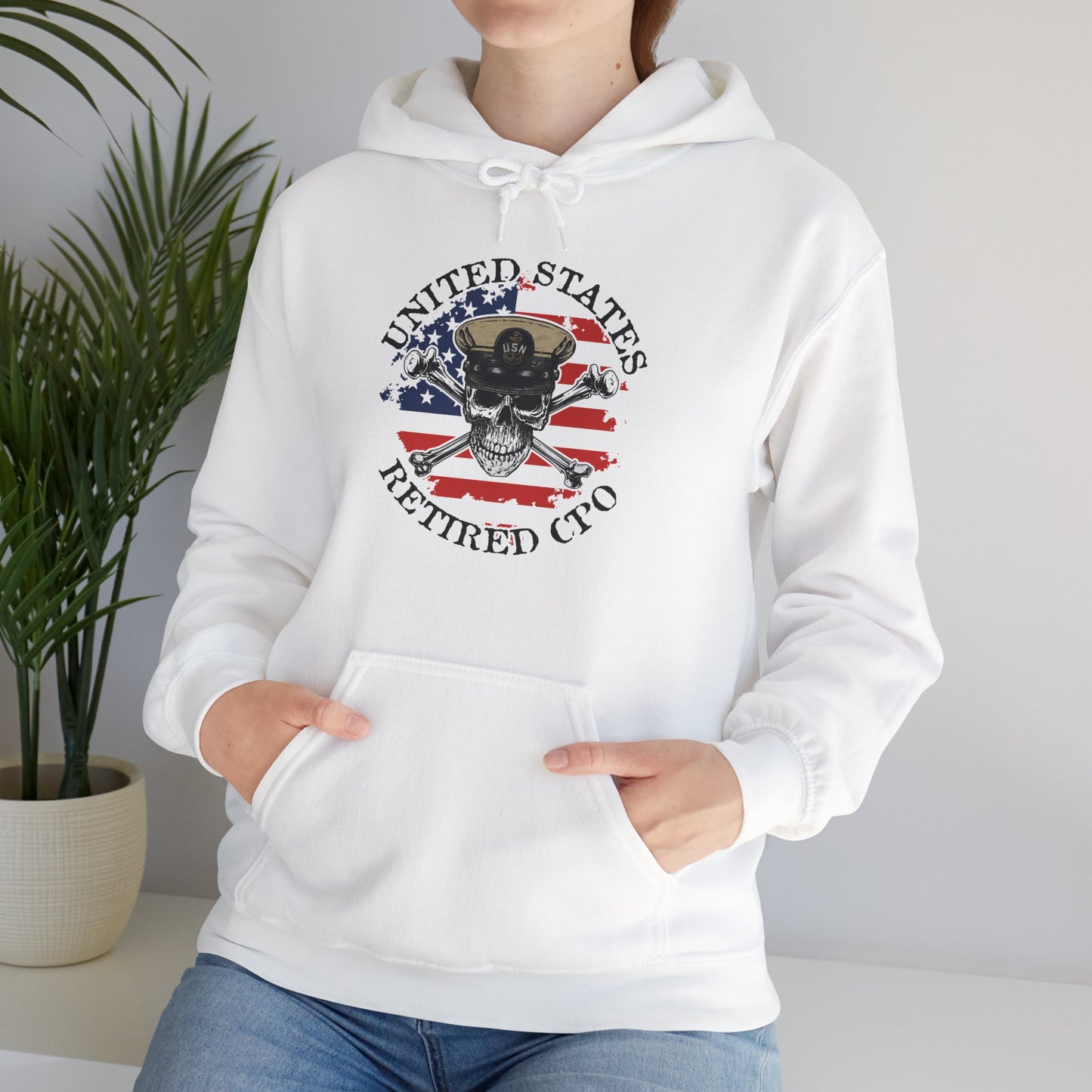 United States Retired CPO Skull Crossbones Chief Petty Officer with Distressed American Flag Unisex Heavy Blend™ Hooded Sweatshirt