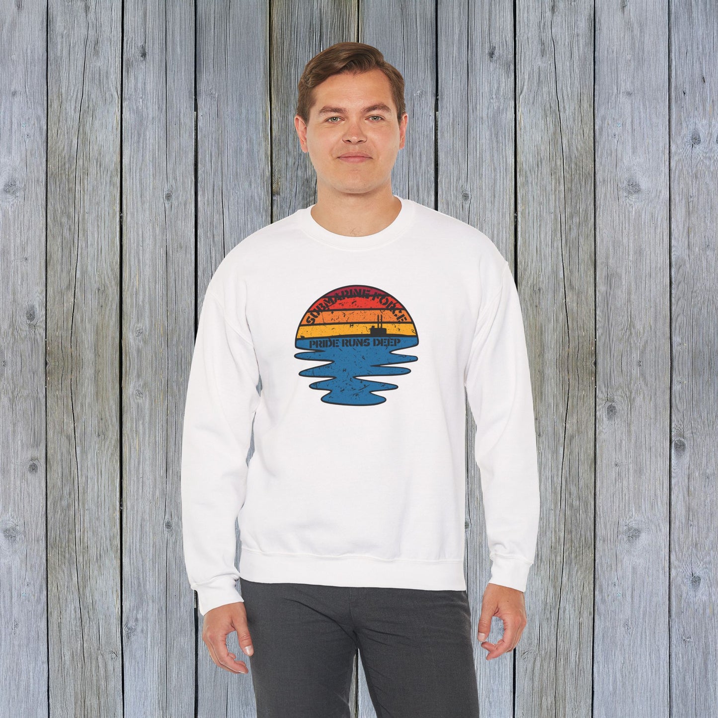 Sunset United States Navy Submarine Force Pride Runs Deep Distressed Mk2 Vintage Unisex Heavy Blend™ Crewneck Sweatshirt