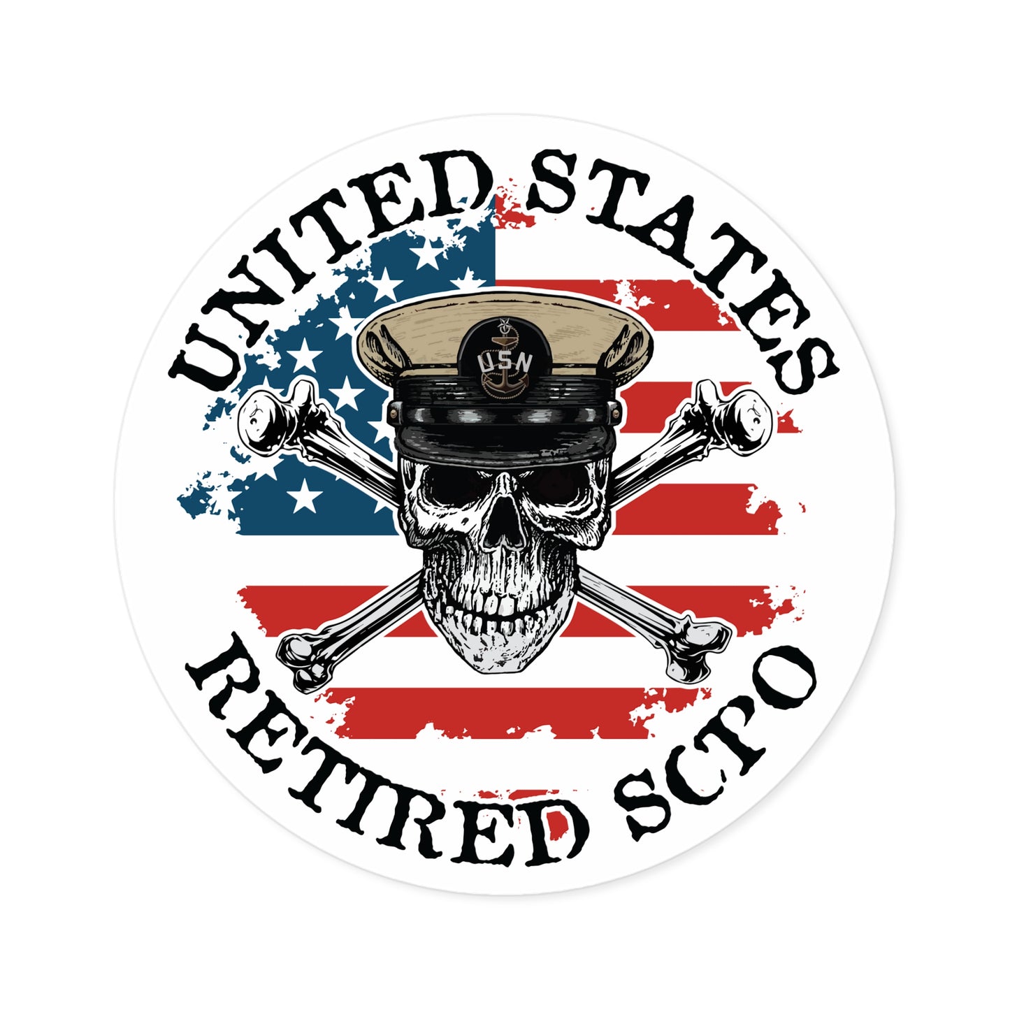 United States Retired SCPO Skull Crossbones Senior Chief Petty Officer with Distressed American Flag Master Round Sticker