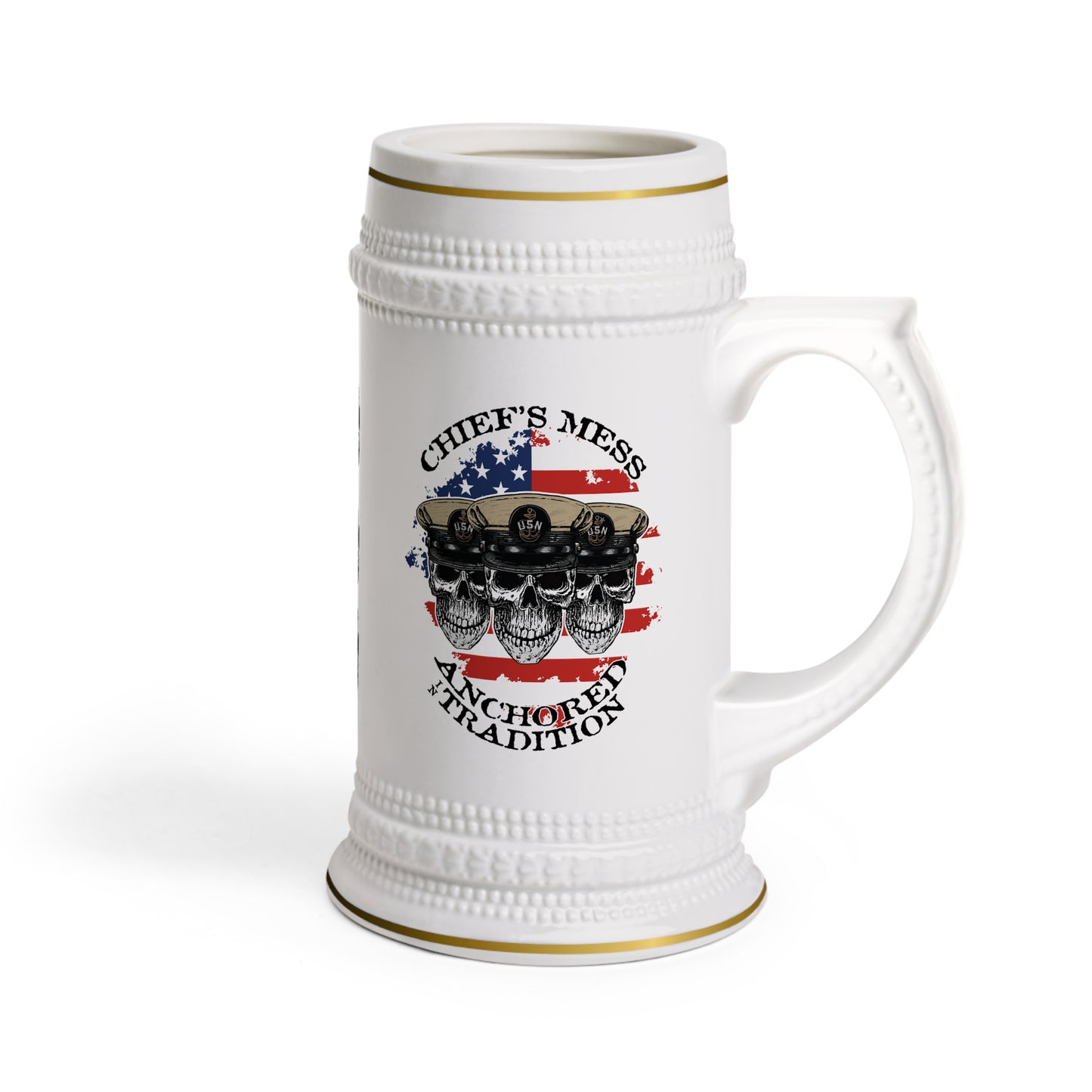 US Navy Chief's Mess Anchored Tradition CPO Skulls on Distressed USA Flag Stein Mug