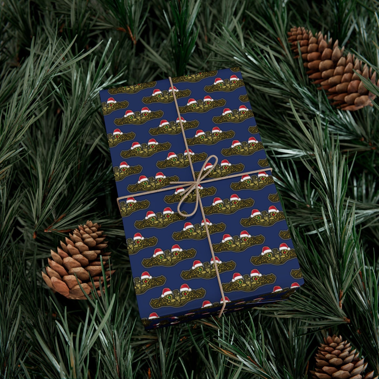 United States Navy Submarine Force Gold Officer Dolphins Christmas Hats with Red and Green Eyes Blue Gift Wrap Papers