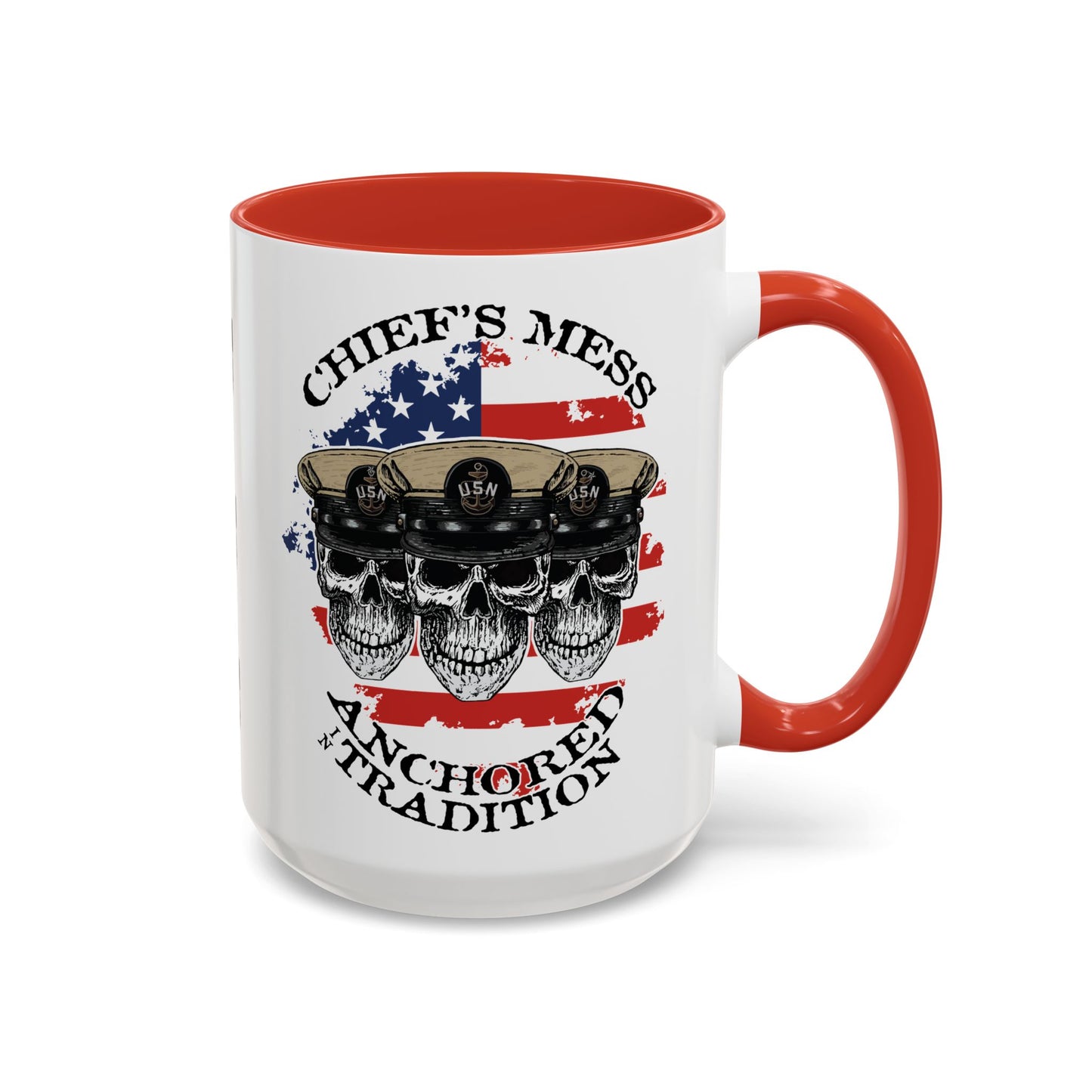 US Navy Chief's Mess Anchored Tradition CPO Sailor Skulls with Distressed USA Flag Accent Coffee Mugs