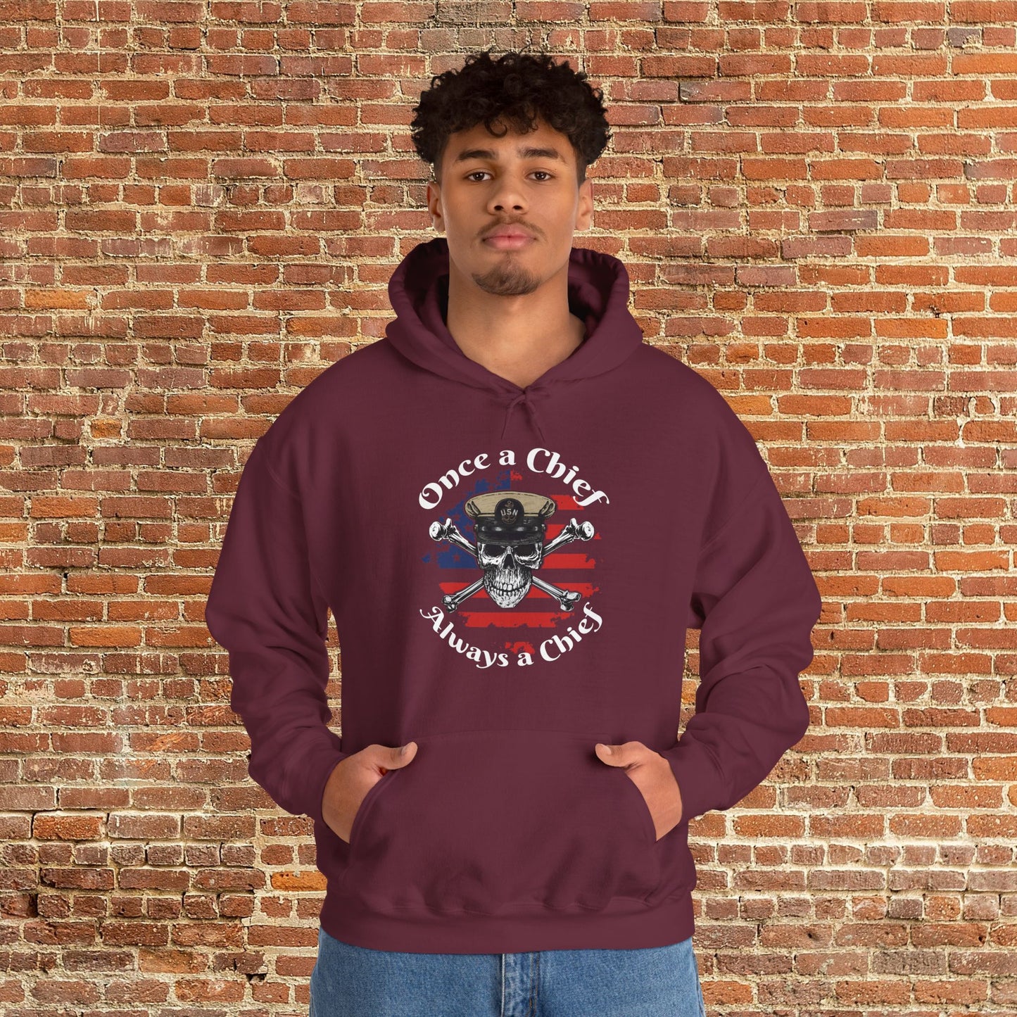 Once a Chief CPO Skull & Crossbones Sailor on Distressed USA Flag Unisex Heavy Blend™ Hooded Sweatshirt